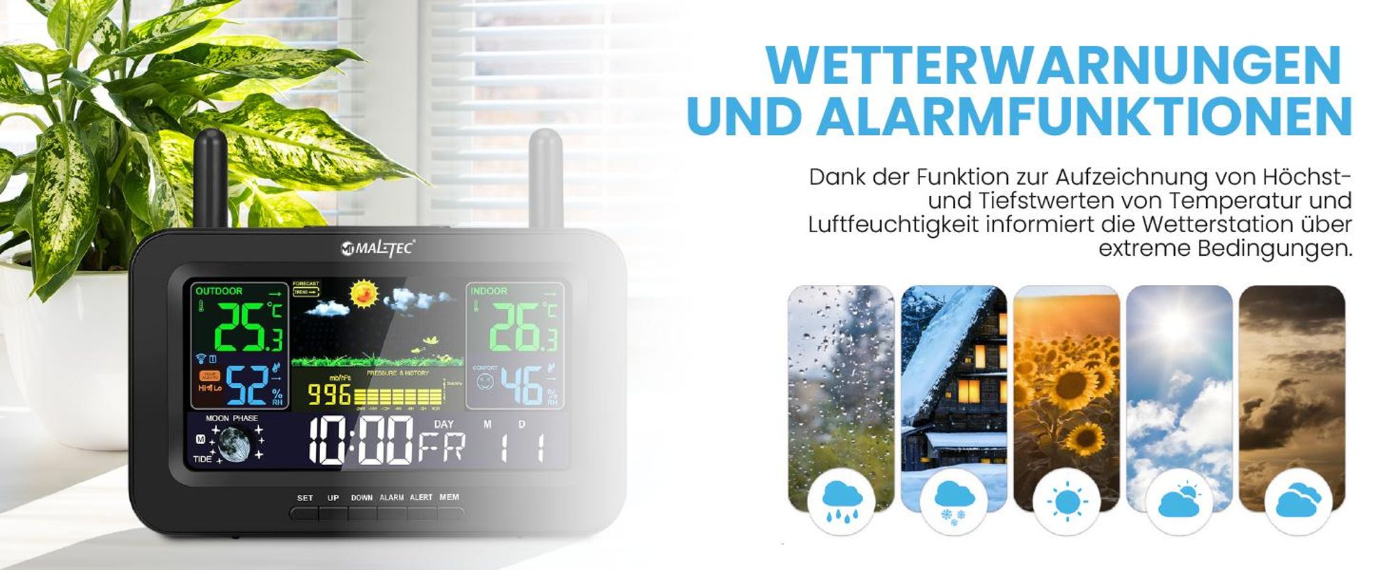 MalTec Funk-Wetterstation Thermometer Barometer Drahtlose externer Wettersensor Druck Alarm