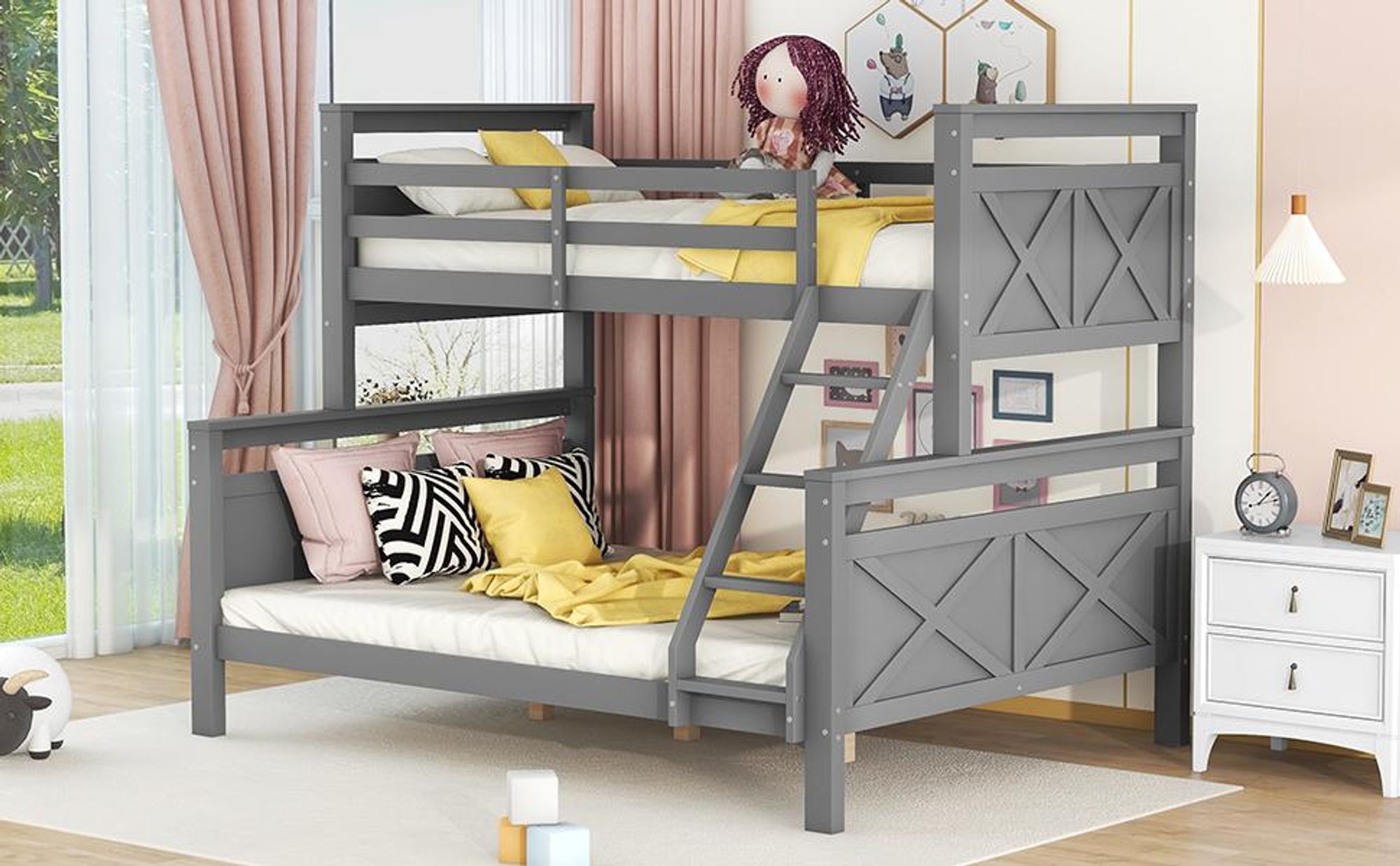 Merax Etagenbett 90x200cm/140x200cm mit Rausfallschutz und Leiter, Hochbett Stockbett Massivholzbett Kinderbett mit Lattenrost, Grau