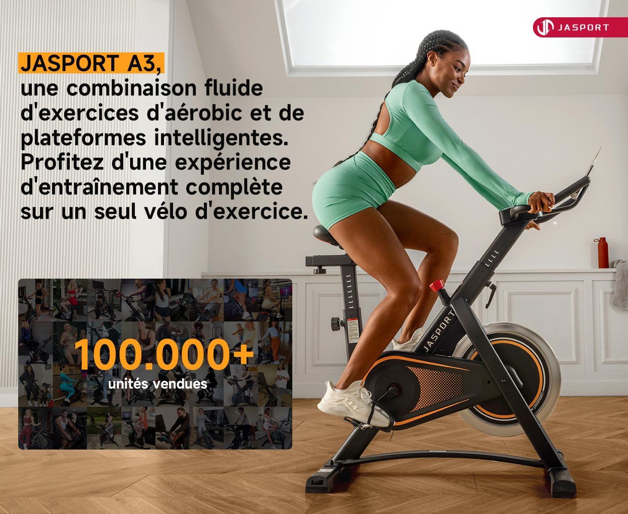 JASPORT A3 ergometro – cyclette silenziosa per allenamento di resistenza con supporto tablet e seduta comoda, ideale per casa