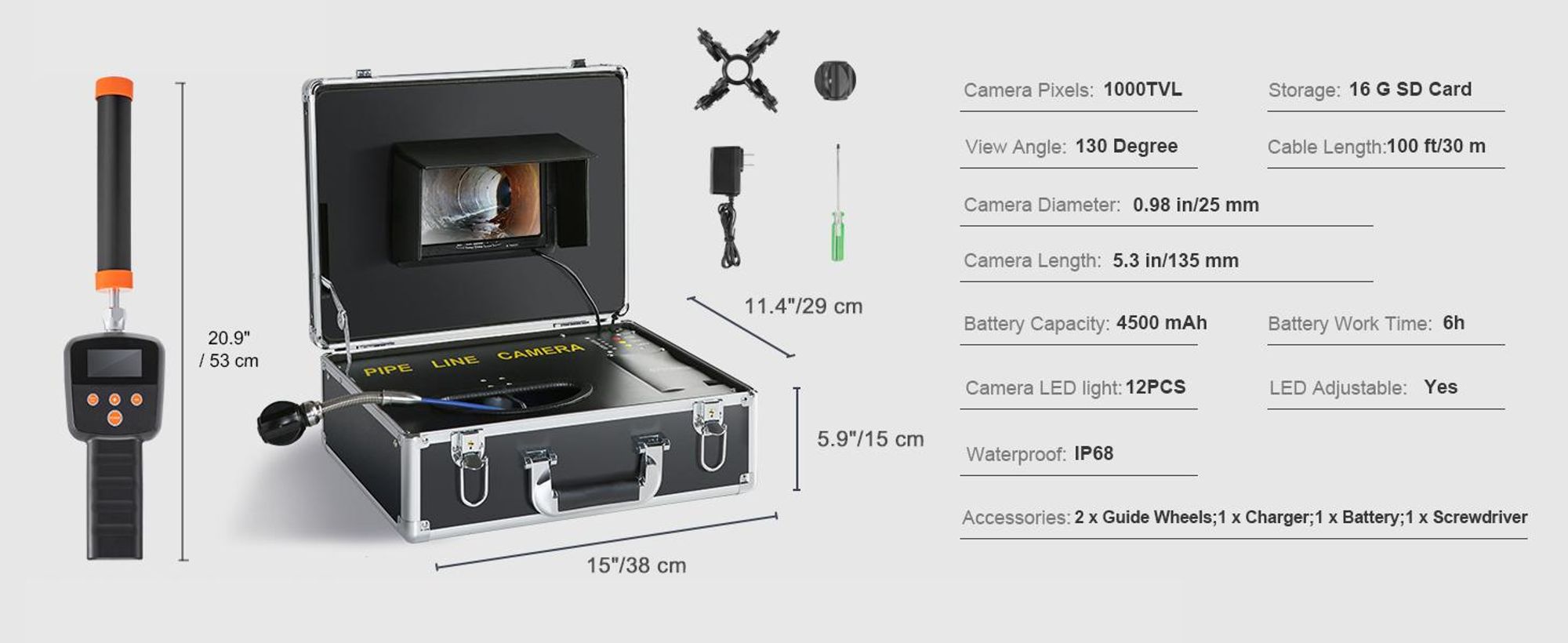 VEVOR Kanalkamera mit 512-Hz-Ortung, 30 m, 17,8 cm Rohrinspektionskamera mit DVR-Funktion, IP68-Kamera mit 12 einstellbaren LEDs, einer 16-GB-SD-Karte für Abwasserleitungen, Haus, Kanalabflussrohre