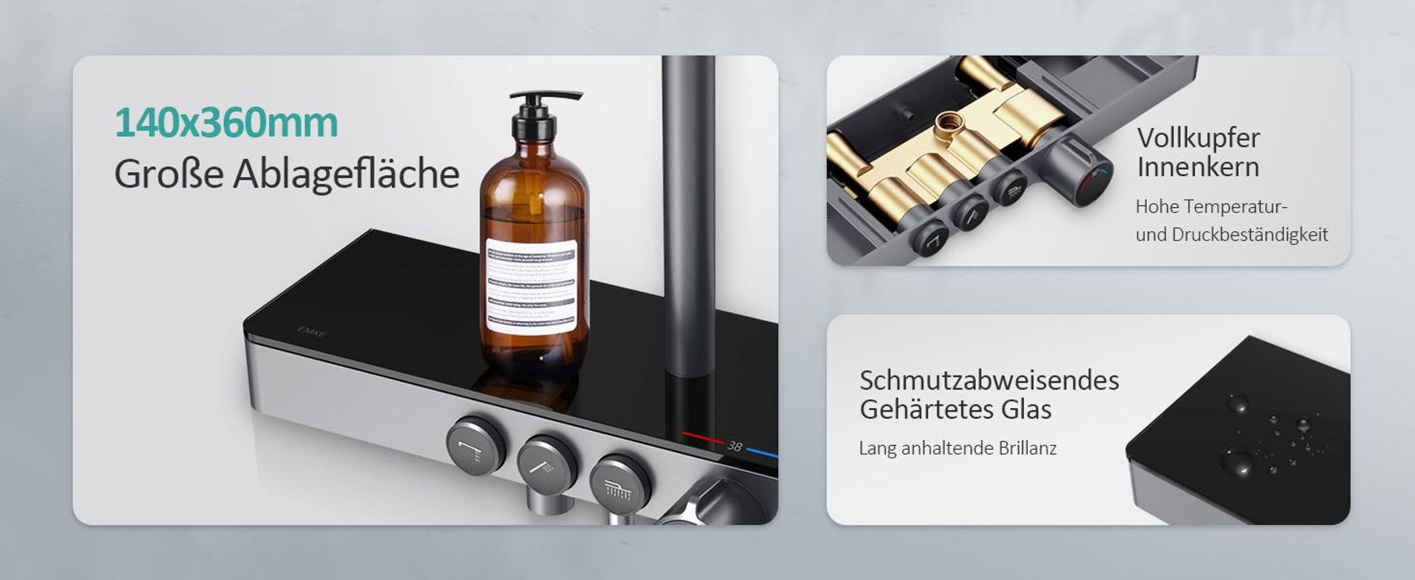 EMKE Duschsystem mit Thermostat 1146x450x480mm Glasablage Handbrause mit 3 Strahlarten Regendusche, Bad- & Duscharmaturen, KTW, Anthrazit Matt F10