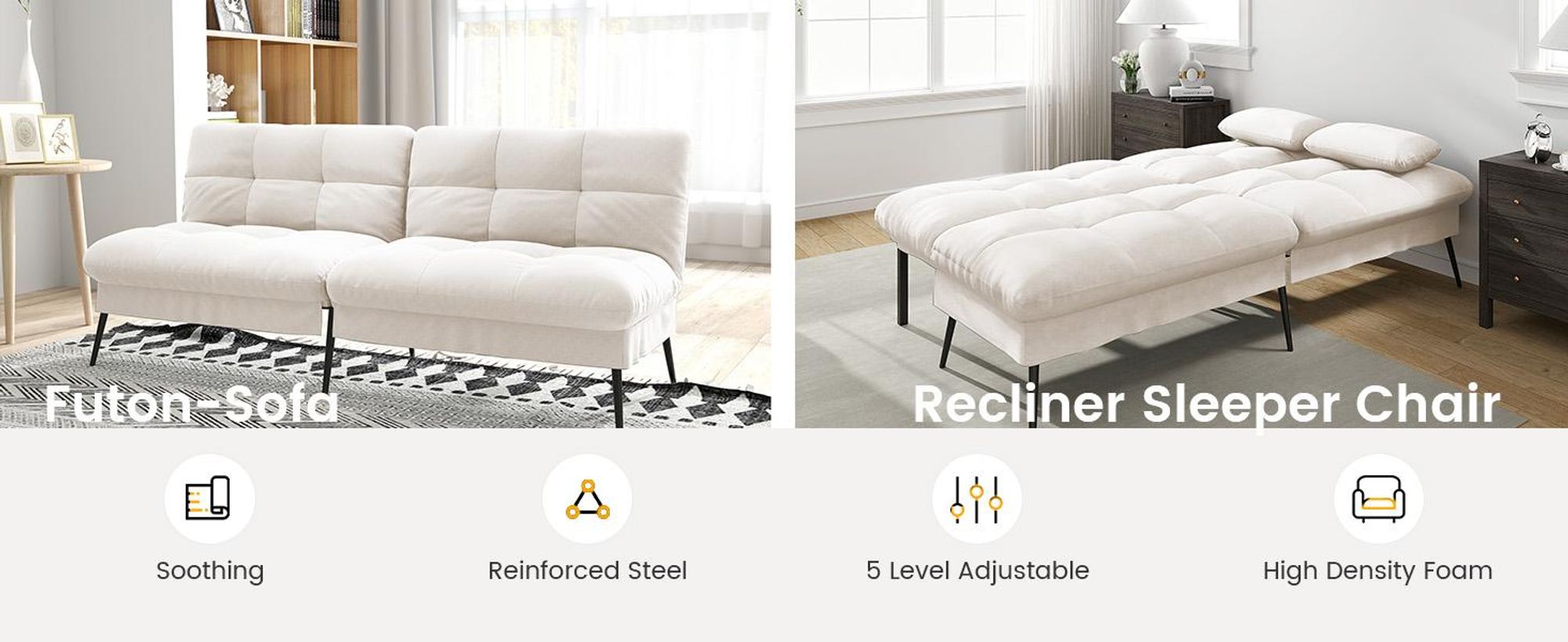 COMHOMA Sofa Schlafsofa mit Schlaffunktion, überzug Futon Klappsofa, Bettcouch, ecksofa, Couch Gästebett, 3-Sitzer Sofa, mit verstellbare Rückenlehne