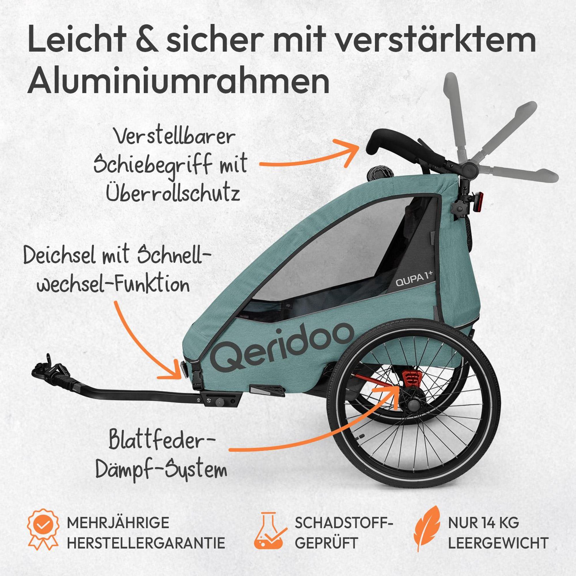 Qeridoo QUPA Plus 1 - Kinderfahrradanhänger für 1 Kind, Farbe: Mineral Blue