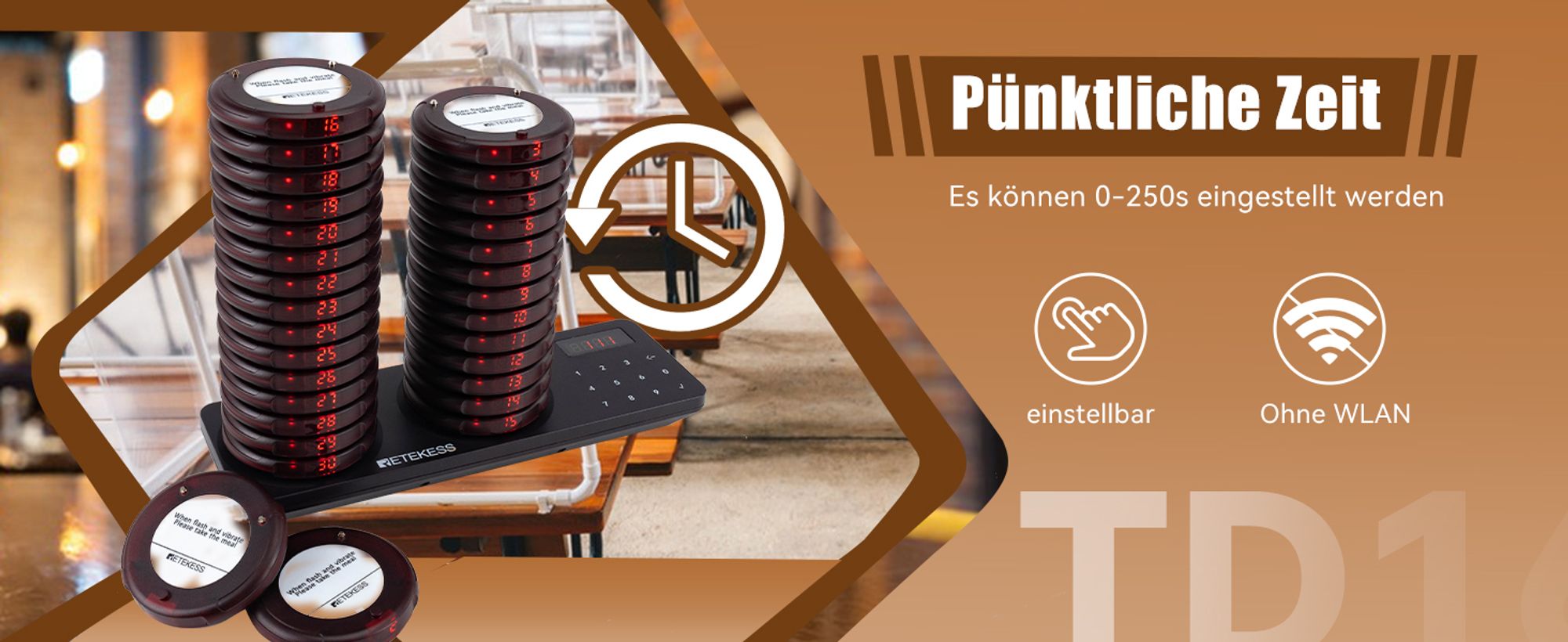 Retekess TD163 Pager System, Pager Rufsystem, 400M Entfernung im Freien Gelände, 31 Rufmodi, 20H Standby Zeit, Gästerufsystem für Gastronomie, 30 Page