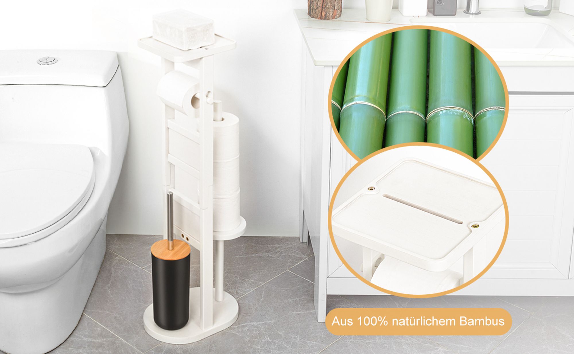 Yorbay Stand WC-Garnitur aus Bambus , mit Toilettenpapierhalter und WC-Bürstenhalter/Smartphone Ablage/Toilettenbürste/Klorollenhalter Weiß