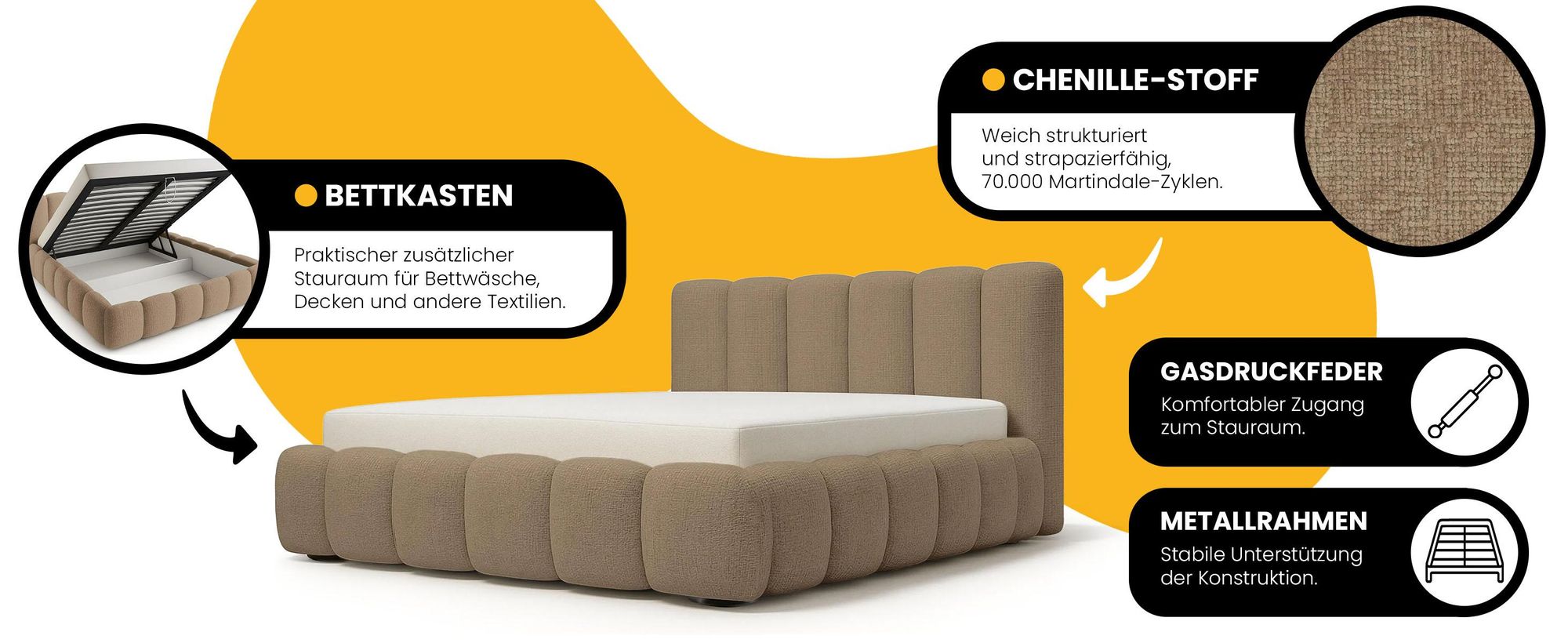 Polsterbett 180x200 - Beige - Bett mit Bettkasten und Lattenrost - Familien Bett - Metallgestell - Gasfedern - Modernes Design - ohne Matratze