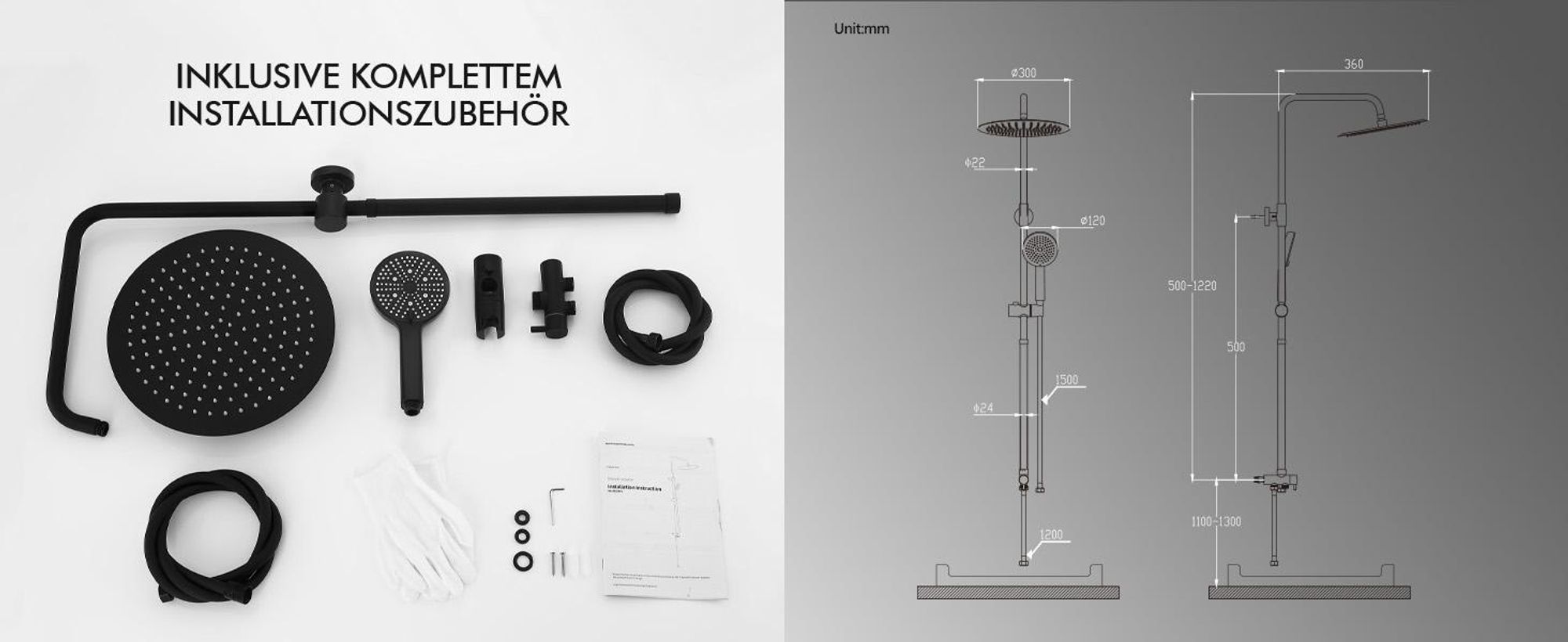 Homelody Duschsystem ohne Armatur, Duschset Duschsäule mit SUS 304 Edelstahl 30cm kopfbrause & Handbrause Rund, 3 Strahlarten, Schwarz