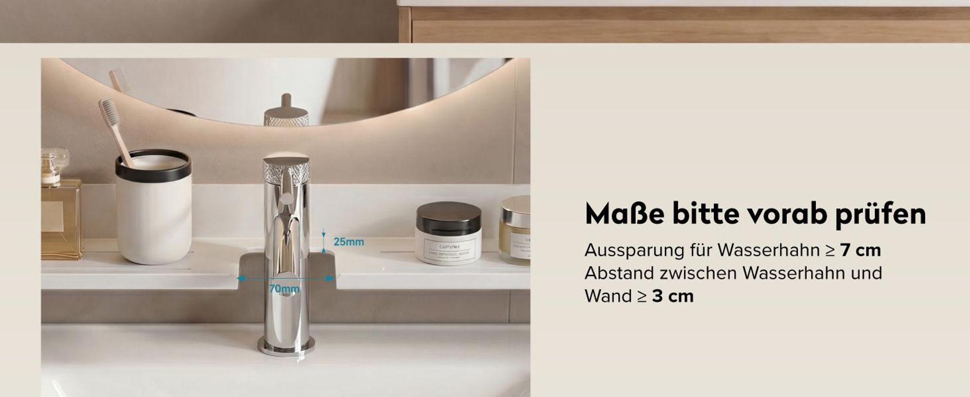 doporro Waschbecken Ablage 60cm über dem Wasserhahn, Badezimmer Regal Montage mit oder ohne Bohre, Waschbecken-Wasserhahn-Organizer, Sandweiß Reglo-17