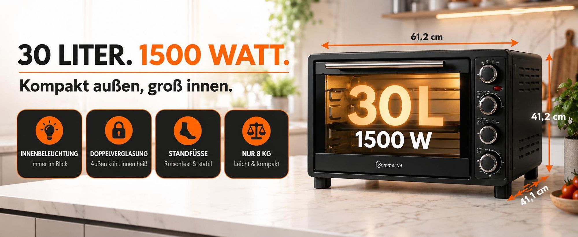 Sommertal Minibackofen 30 Liter mit Drehspieß & Umluft, 1500W, Hähnchengrill, Backen, Grillen & Pizza, Campingbackofen, 100–230°C, inkl. Zubehör