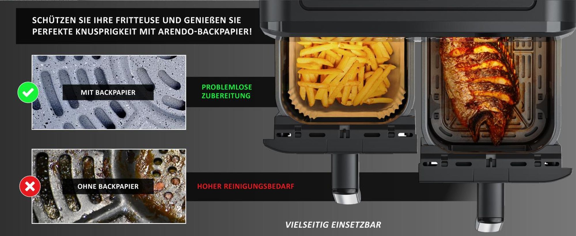 Arendo Backpapier für Heißluftfritteuse, rechteckig, 4,5 - 10 L, 22 x 14 x 4,5 cm, antihaft, ungebleicht, für Ninja Airfryer AF300EU & AF400EU, 100 Stück