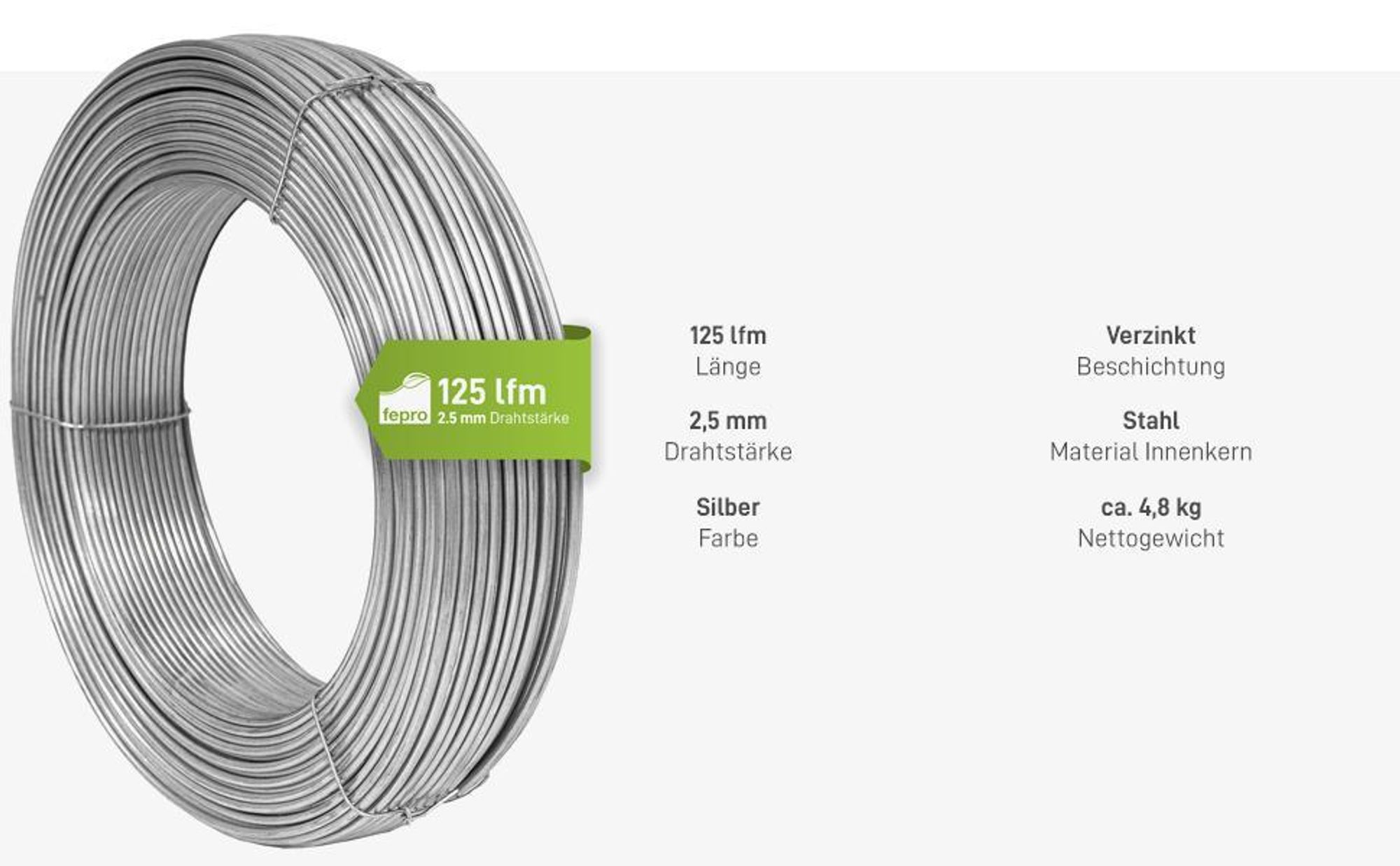 Fepro® professioneller Spanndraht 2,5 mm x 125 m, dick verzinkt - witterungsbeständig, ideal für Forst, Wildzaun, Garten oder basteln