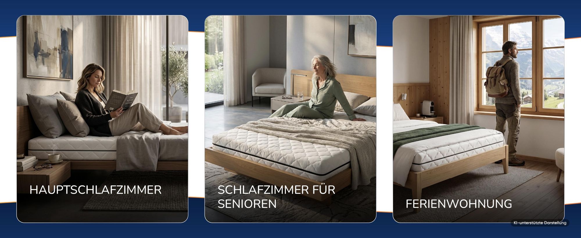 Drei Schlafsituationen: Hauptschlafzimmer, Zimmer fuer Senioren, Ferienwohnung
