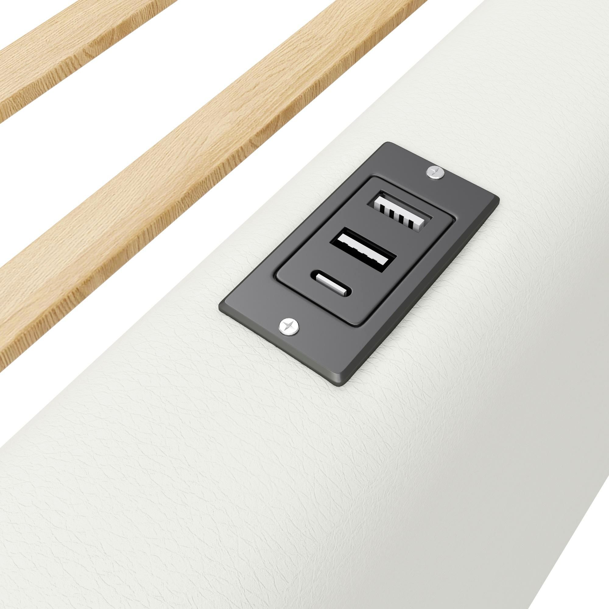 Merax 90x200 Polsterbett Kinderbett 90x200, mit gepolstert, Schutzgeländer, USB & Typ C, Jugendbett, Softbett, Flachbett, Bodenbett, PU, weiß