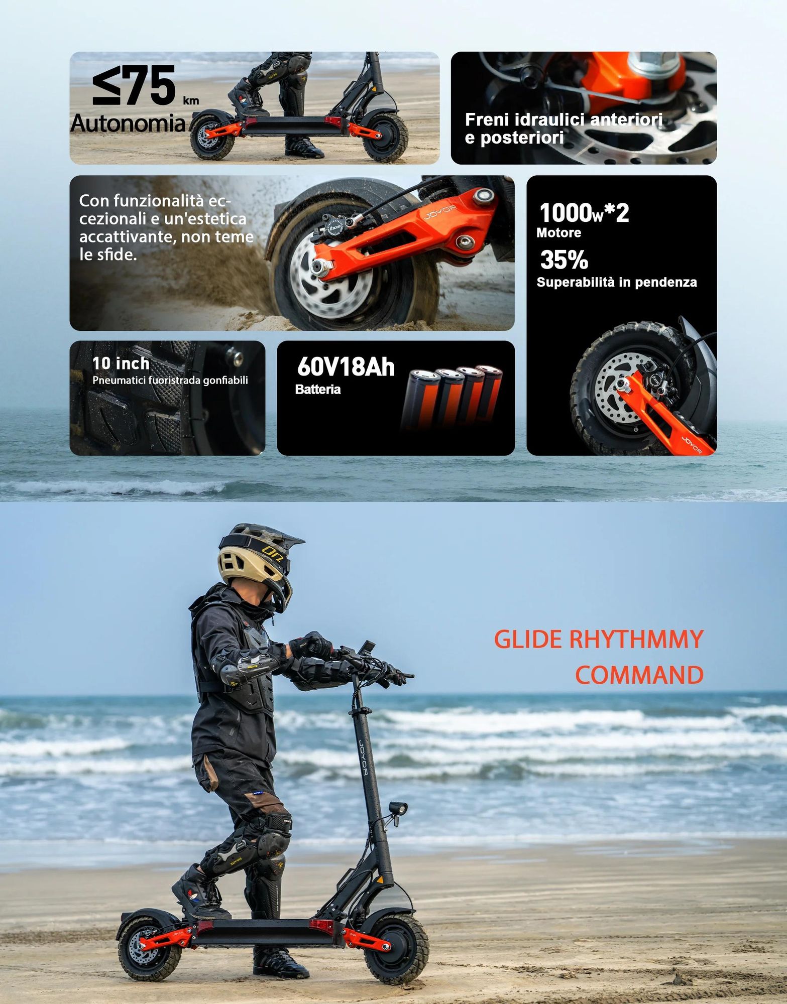 JOYOR T10 Pieghevole Monopattino Elettrico - 2x1000W Motor 60V18AH Batteria Pneumatici da 10 Pollici Freni a Disco Idraulici - Nero