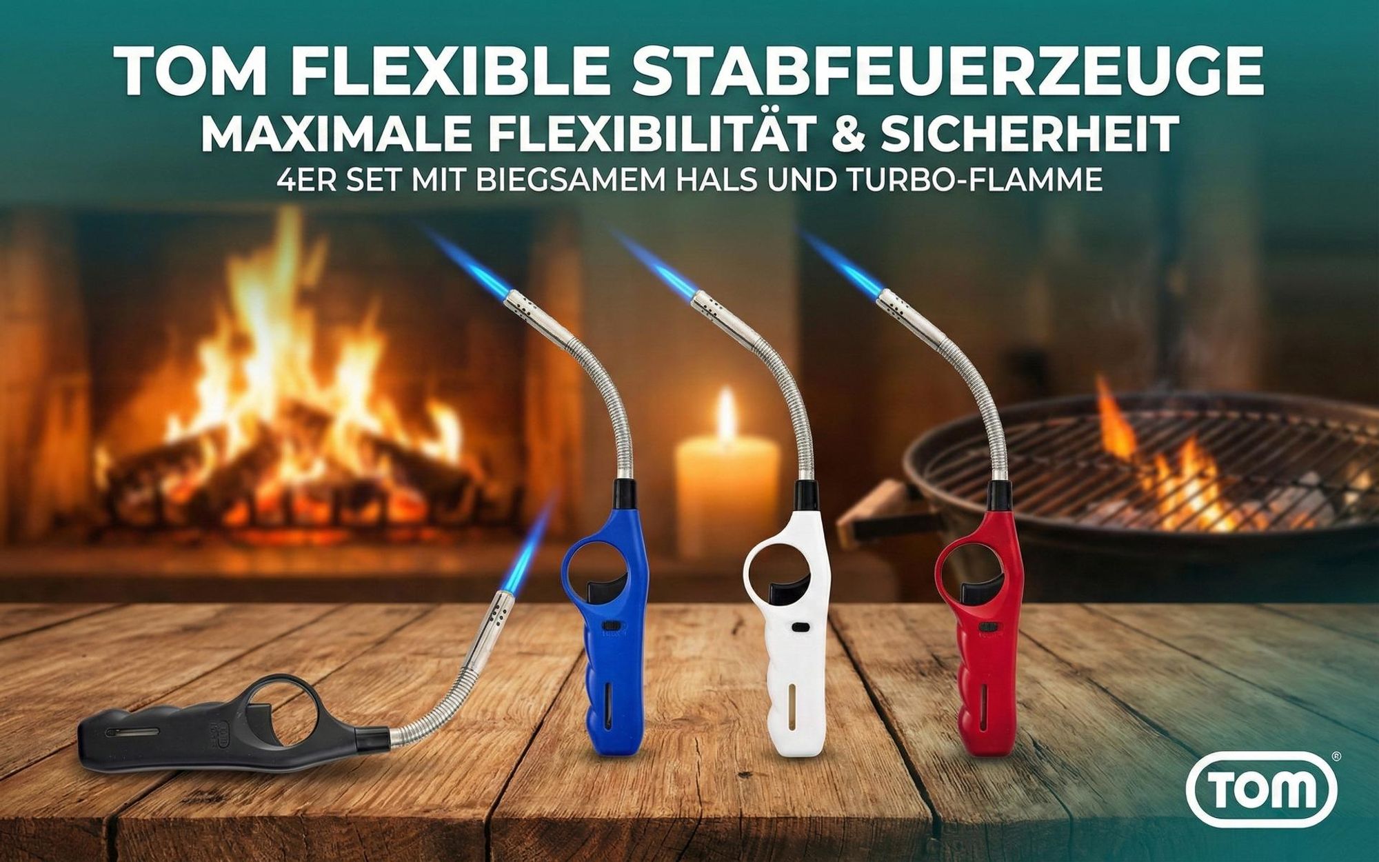 TOM Stabfeuerzeug Sturmfeuerzeug flexibler Stab Jet-Flamme 4er Set nachfüllbar 29cm