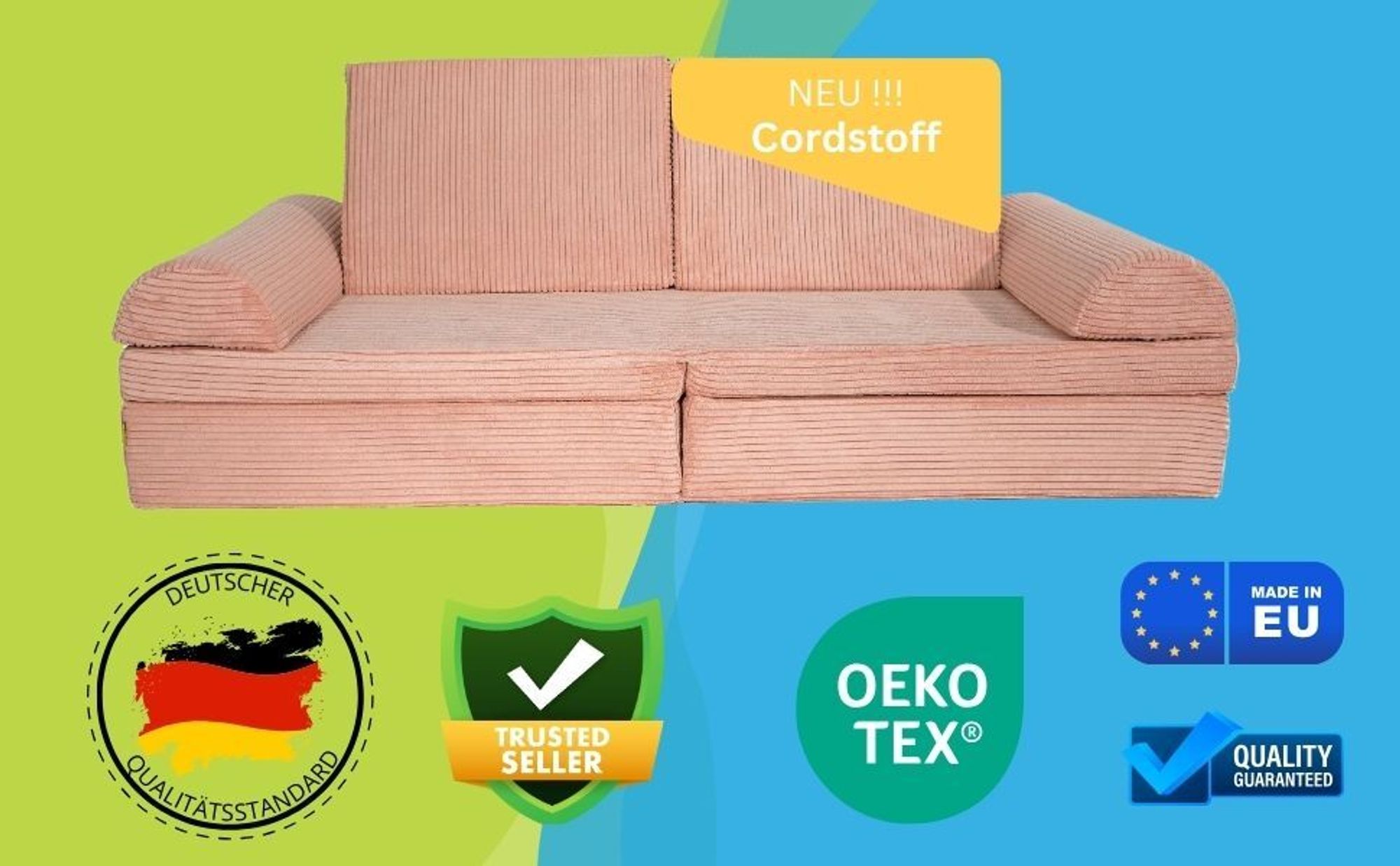 Pillows24 - Kindersofa mit Schlaffunktion | Weiches Spielsofa aus Cordstoff | Kinder Sofa mit abnehmbaren Bezügen für Spielzimmer, Gelb