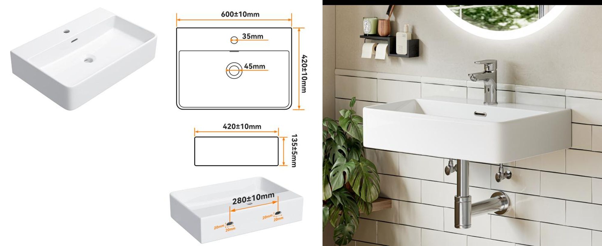 HOROW 60 cm Waschbecken Wandmontage Waschtisch Keramik Hängewaschbecken Rechteckig Aufsatzwaschbecken mit Hahnloch und Überlauf für Klein Gäste WC