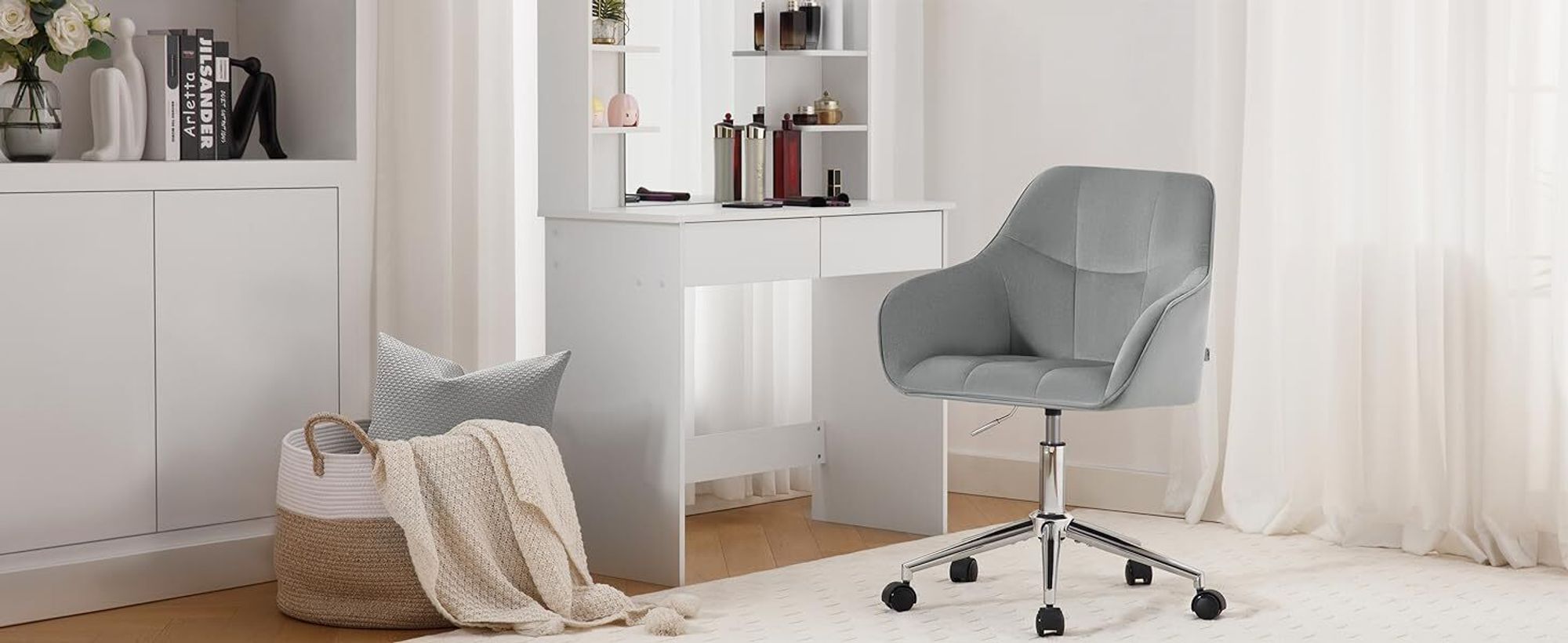 WOLTU Bürohocker Homeoffice Stuhl, Schminkstuhl, höhenverstellbar, mit Armlehnen Samtsitz : Rosa+Silber Farbe: Rosa+Silber