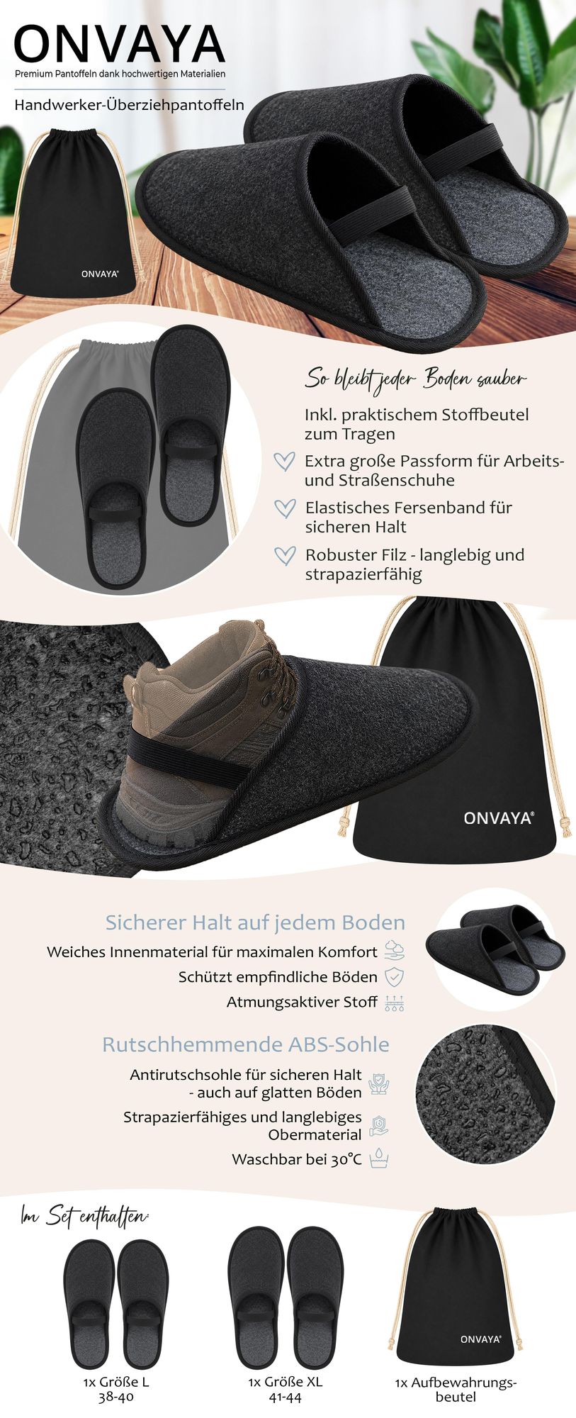 ONVAYA® Handwerkerpantoffel L/XL mit Gummiband im Beutel | ABS-Sohle | Museumpantoffel | Überschuh | Gästepantoffel | Schlosspantoffel | Schutzschuh