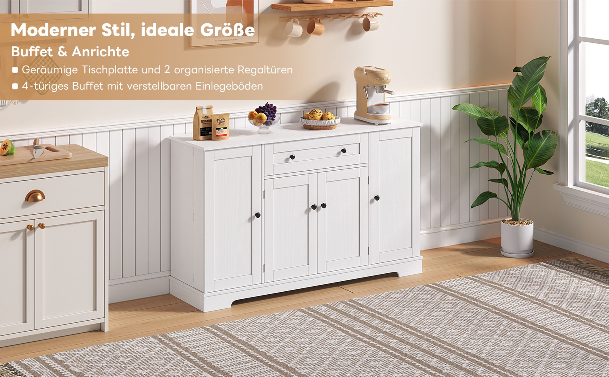 Flieks Sideboard Küchenschrank, Anrichte Küchenbuffet mit verstellbare Ablagen, Aufbewahrungsschrank für Küche, Wohnzimmer, Esszimmer, Weiß