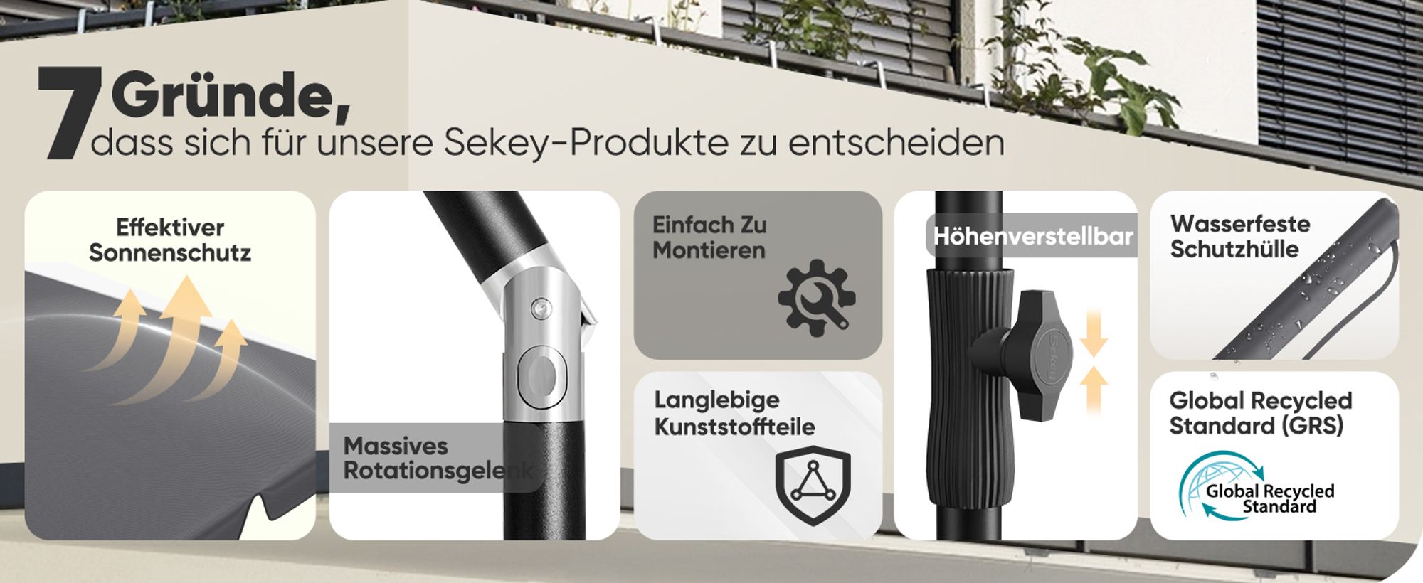 Sekey Sonnenschirm Balkon Rechteckig 200×125 cm Balkonschirm mit Tragetasche Neigungswinkel & Höhe verstellbar Sonnenschutz UPF 50+, Grau
