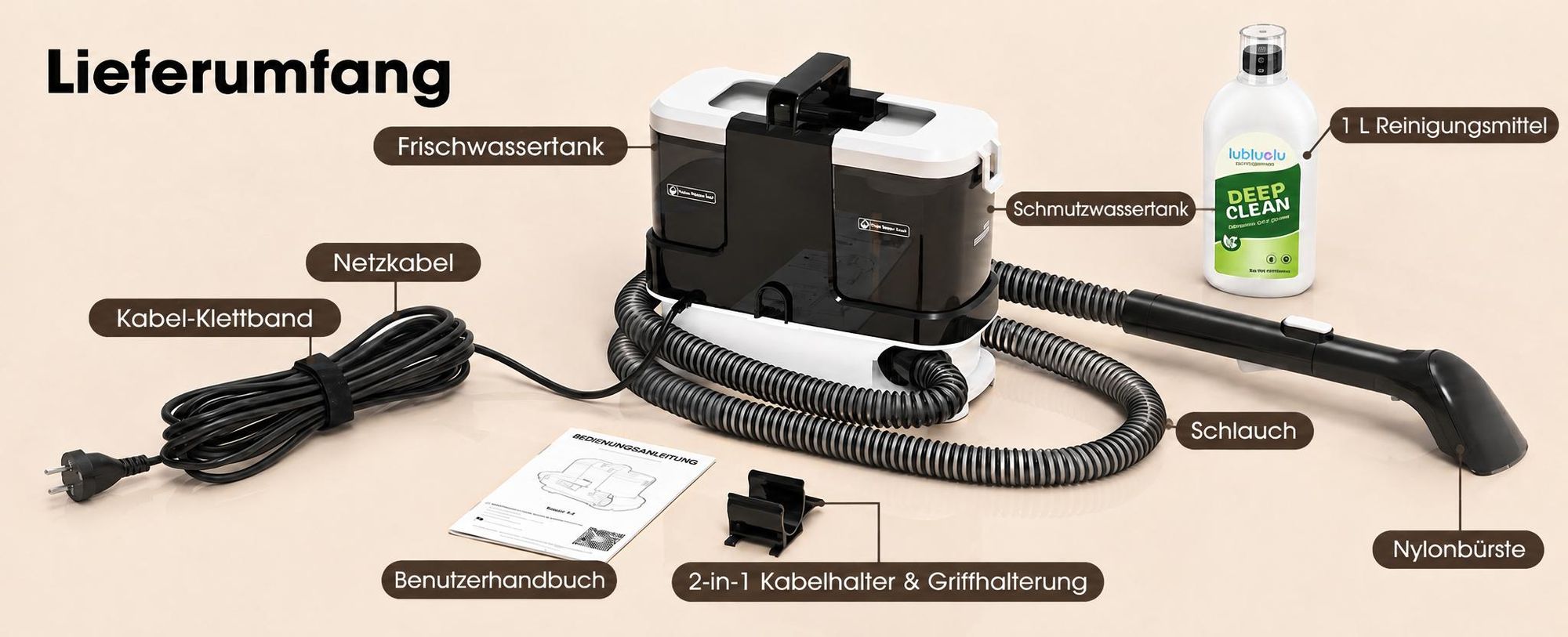 Lubluelu V2 Tepovač 16 kPa 600 W na čalúnenie, pohovky, autosedačky a koberce, s 1 l čistiaceho prostriedku, čierny
