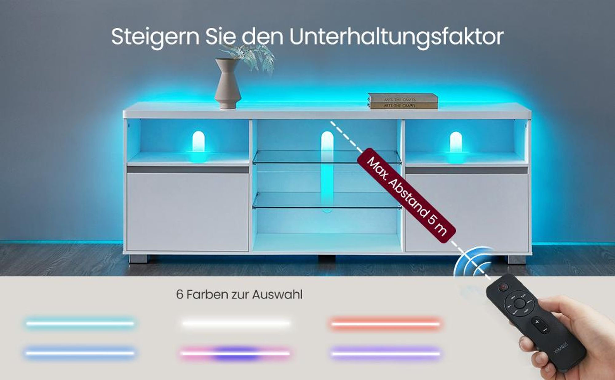 VASAGLE TV-Schrank mit LED-Beleuchtung, Fernsehtisch, TV-ständer für Fernseher bis zu 70 Zoll, mit offenen Ablagen, 2 Schränke mit Türen, 160 cm, für Wohnzimmer, weiß VTL331T10