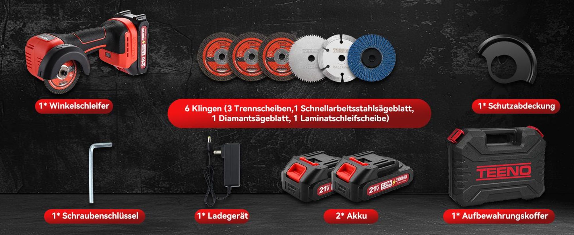 TEENO 21V Winkelschleifer mit Bürsten, 19500 U/min, inklusive 2 Akkus mit 1500mAh und 6 Schleifscheiben, professionelles Elektro-Trennschleifer Set
