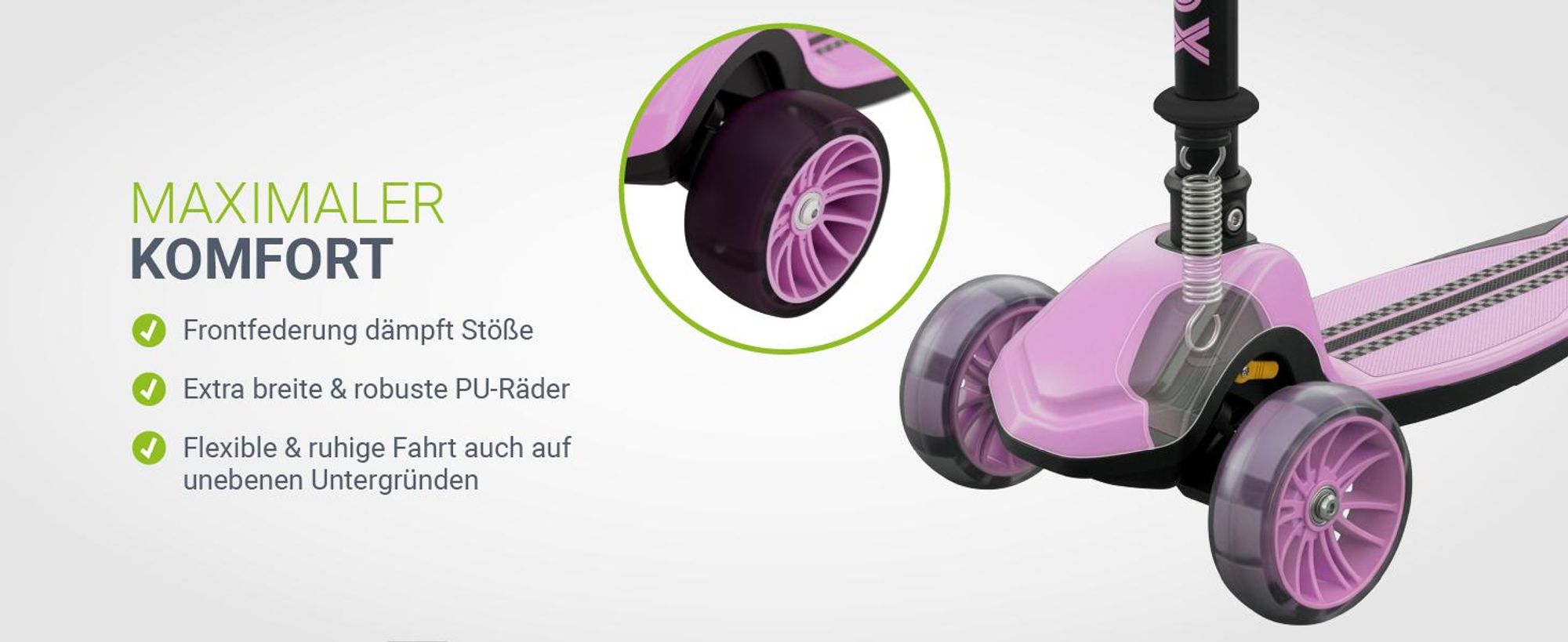 JUSKYS® Kinderroller Lumox - Rosa, LED Räder, höhenverstellbarer Kinderscooter