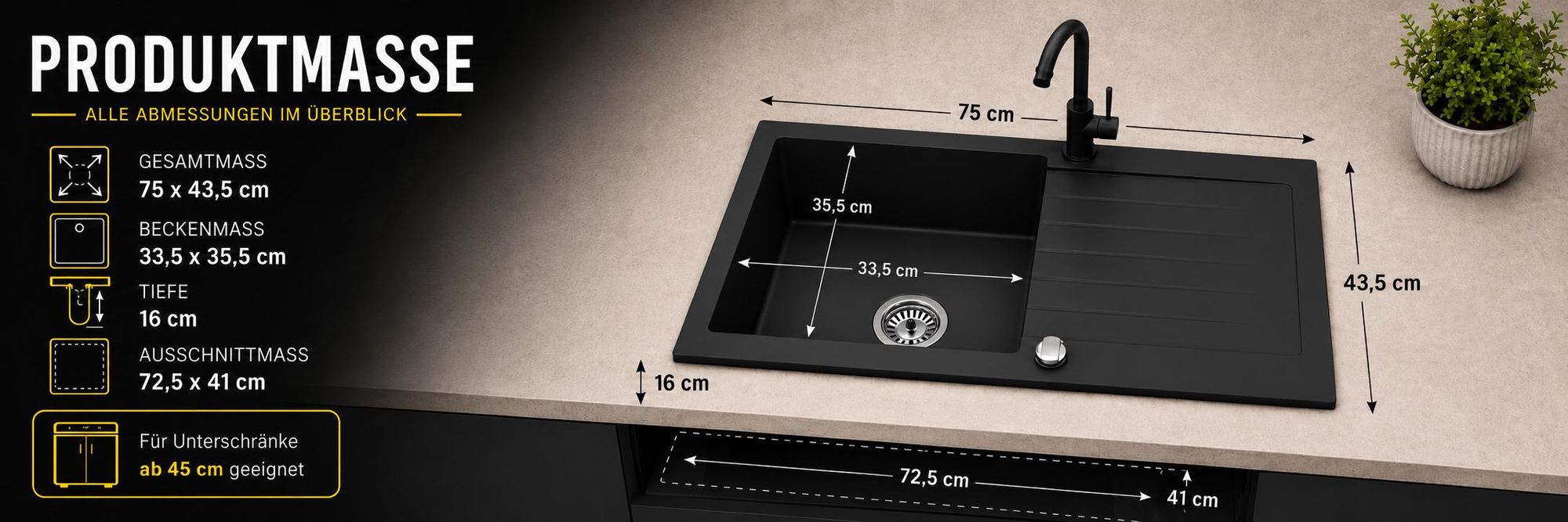 [Granitspüle 76x44 Schwarz]Hochwertig beidseitig Montierbar Küchenspüle Eckig Einbaugranitspüle Granit Spülbecken f. Unterschränke ab 45 cm inkl.Siphon Set