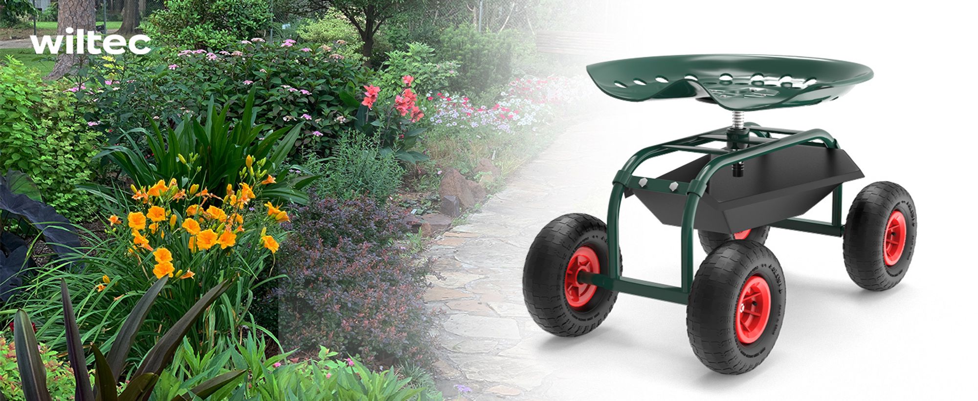 Wiltec Gartenwagen mit Ablagefläche bis 150kg Gartenhocker mit Reifen Gartentrolley für Gartenarbeit Werkstattwagen Rollwagen Arbeitssitz Gartensitz fahrbar
