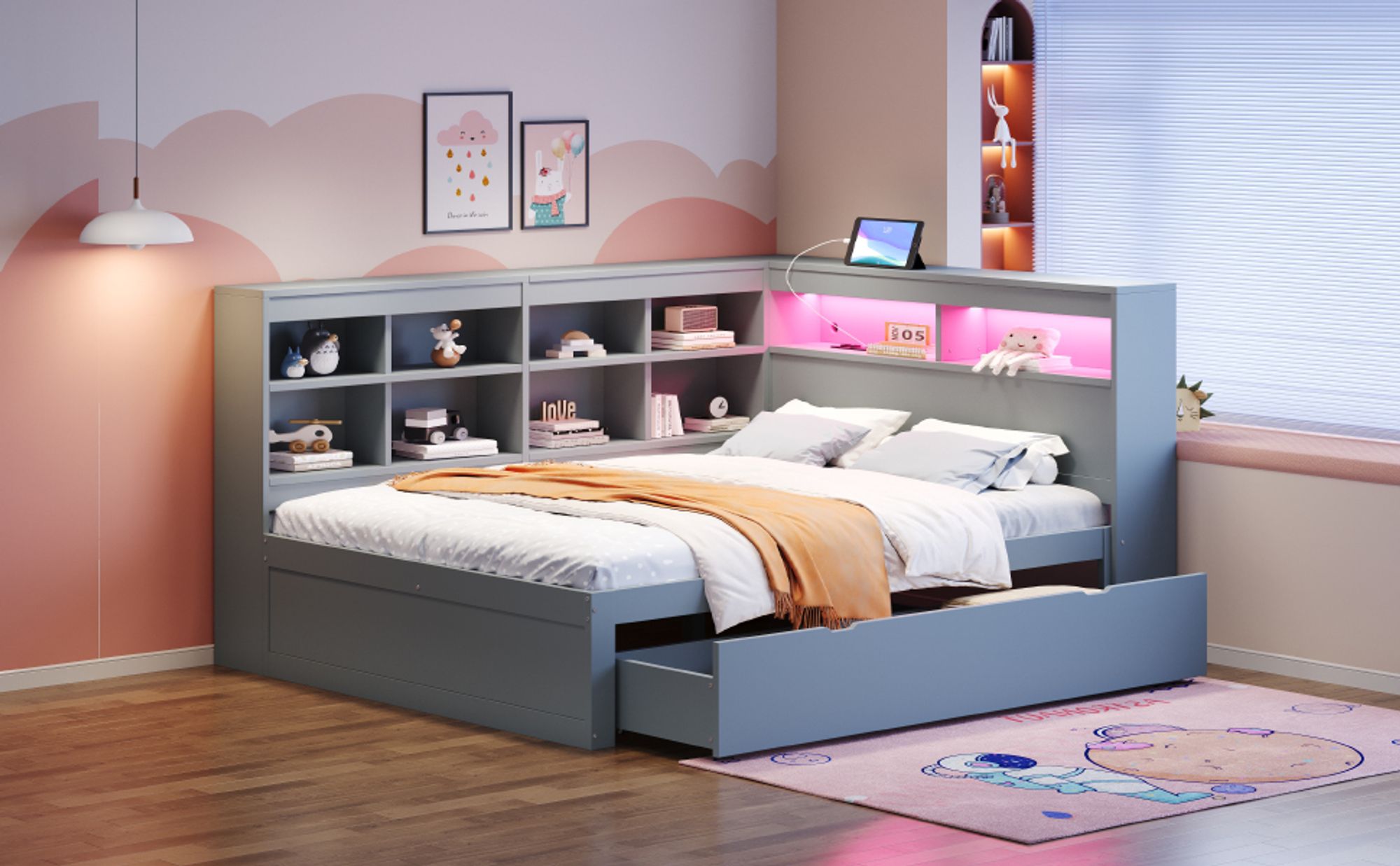 okwish Schlafsofa Daybett 140x200cm mit Lattenrost und großen Schubladen, Tagesbett Stauraumbett mit USB-Steckdose und LED-Lichtleiste,Einlegeböden und Ablagefächern(Ohne Matratze)- Grau