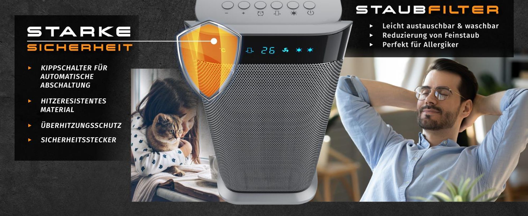Brandson 2000W Keramik Heizlüfter, energiesparend, leise, Oszillationsfunktion 35°, Überhitzungsschutz, Automatische Abschaltung, Umkippschutz, 2x Heizstufen, Schwarz/Silber