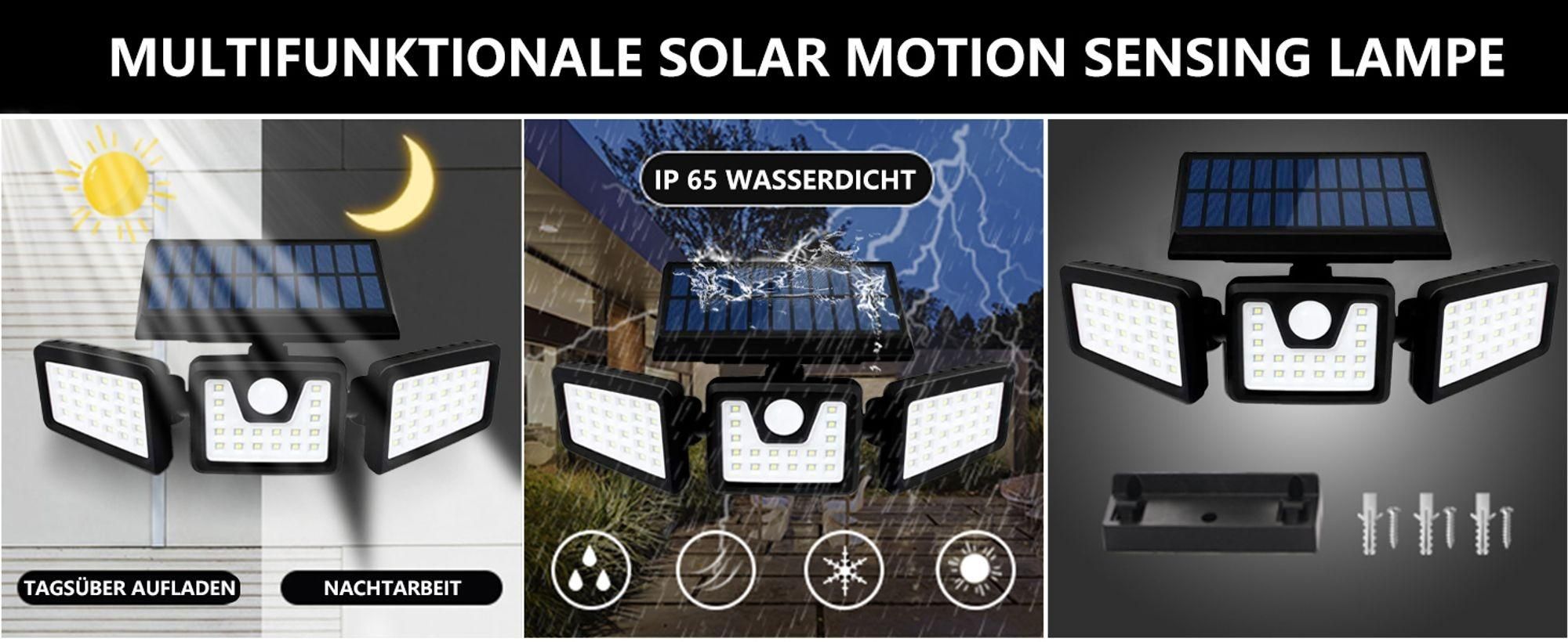 Solarleuchten Außen mit Bewegungsmelder, 74 LED Solar Strahler Außen, 360° Drehbar, 3 Modi Wandleuchte, 2400mAh Solar Außenleuchte, LED Solarlampen