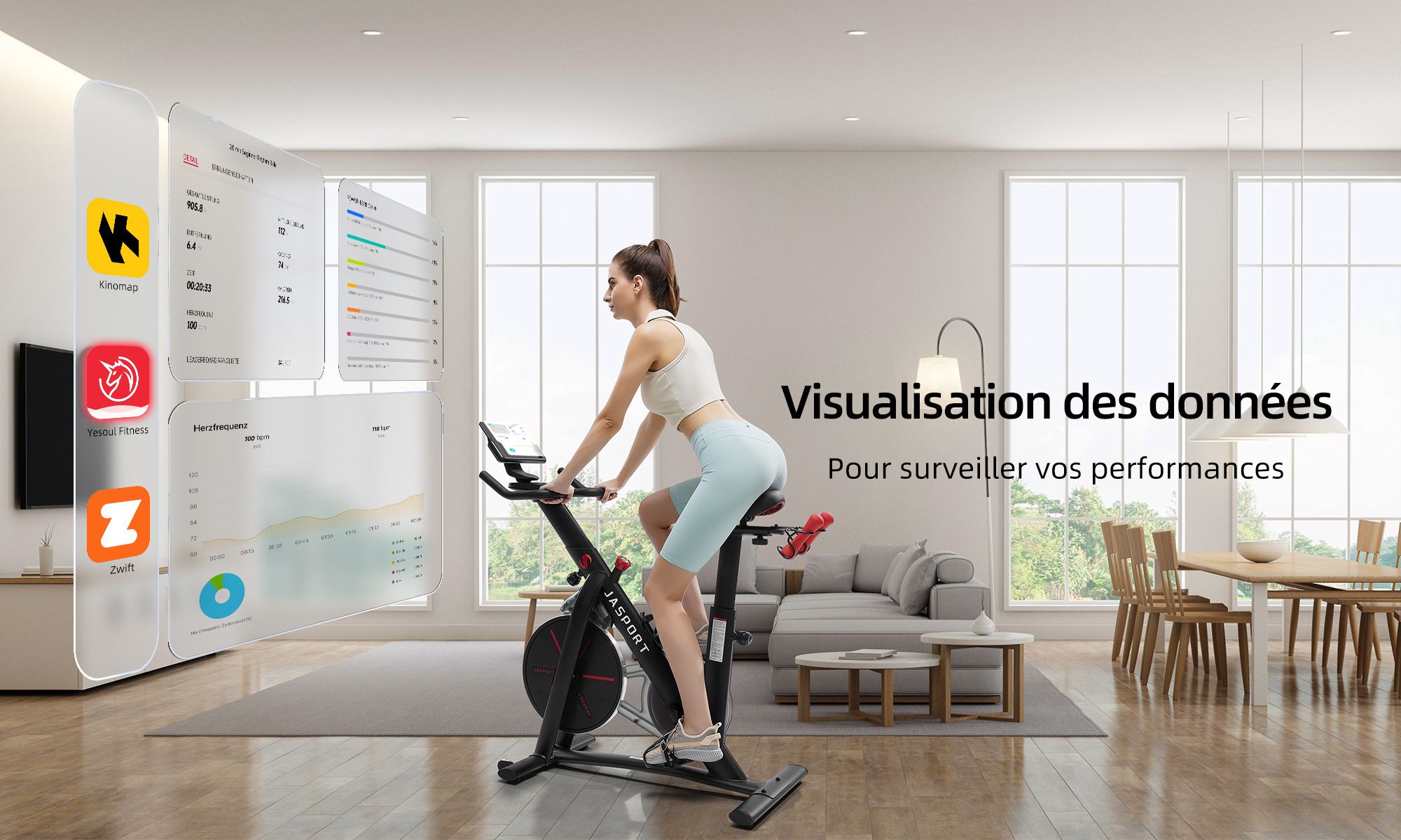 JASPORT Speedbike S3, vélo d’appartement silencieux, frein magnétique, cours via app, Kinomap & Zwift