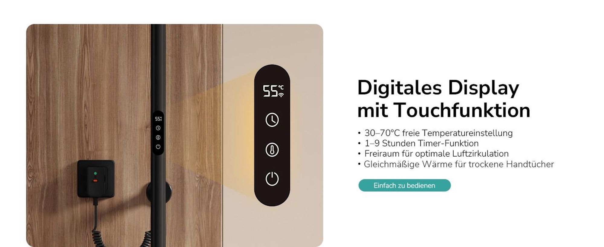EMKE Elektrischer Handtuchheizkörper 100 W Schwarz, LCD-Display, Intelligentes Thermostat, WiFi/APP-Steuerung Timer Baum-Design handtuchwärmer 150cm
