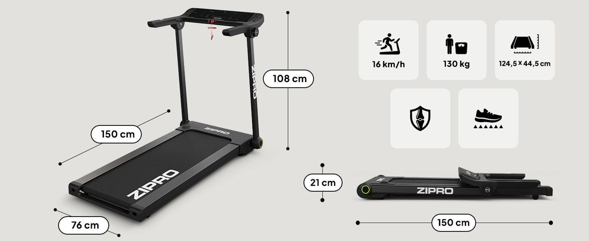 Zipro Loopband, opvouwbaar, model Pacto – Elektrische fitnessloopband, ultradun, geschikt om onder het bed te plaatsen, compatibel met apps (Kinomap/FitShow) en voorzien van een LED-touchscreen