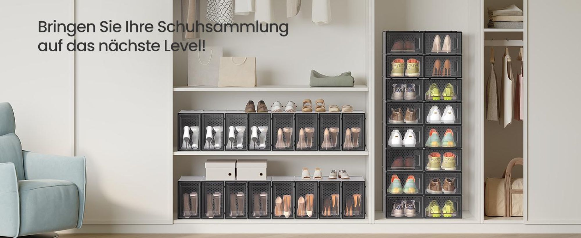 SONGMICS 18er Set Schuhboxen Aufbewahrungsboxen Größe 44 Schuh-Organizer schwarz