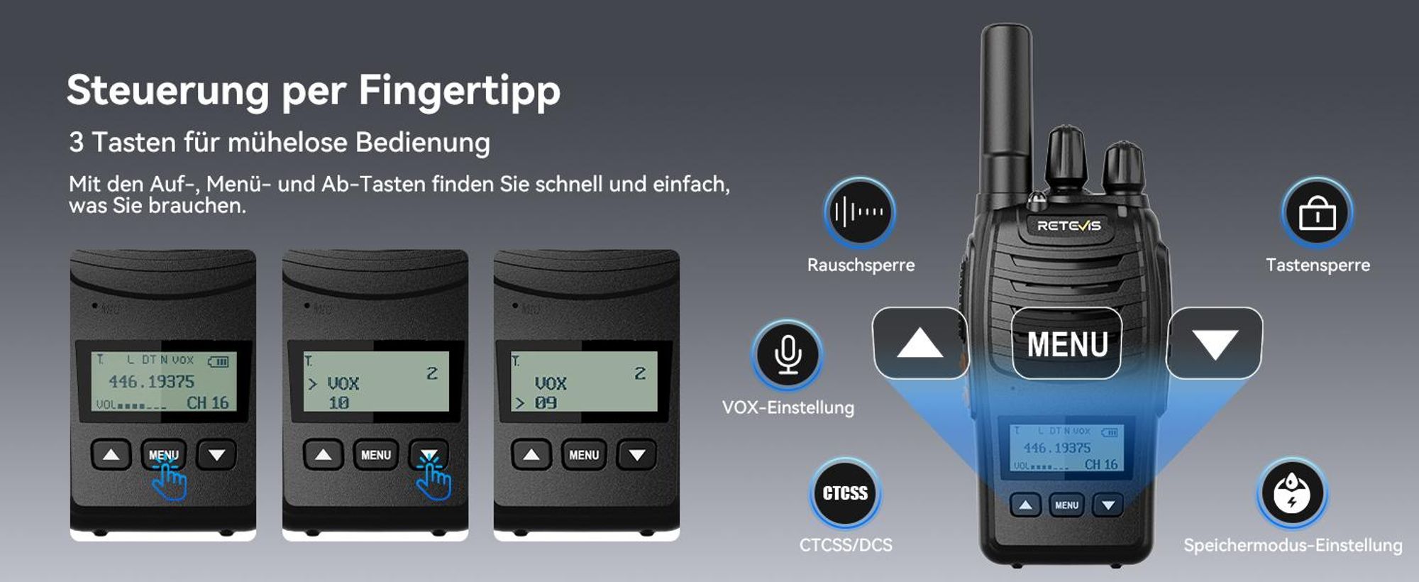 Retevis H777D Walkie-Talkie, LCD-Bildschirm, PMR446, Typ-C-Aufladung, 1200 mAh, Einfaches Pairing, VOX, Notfallalarm, Funkgeräte für Familie, Camping