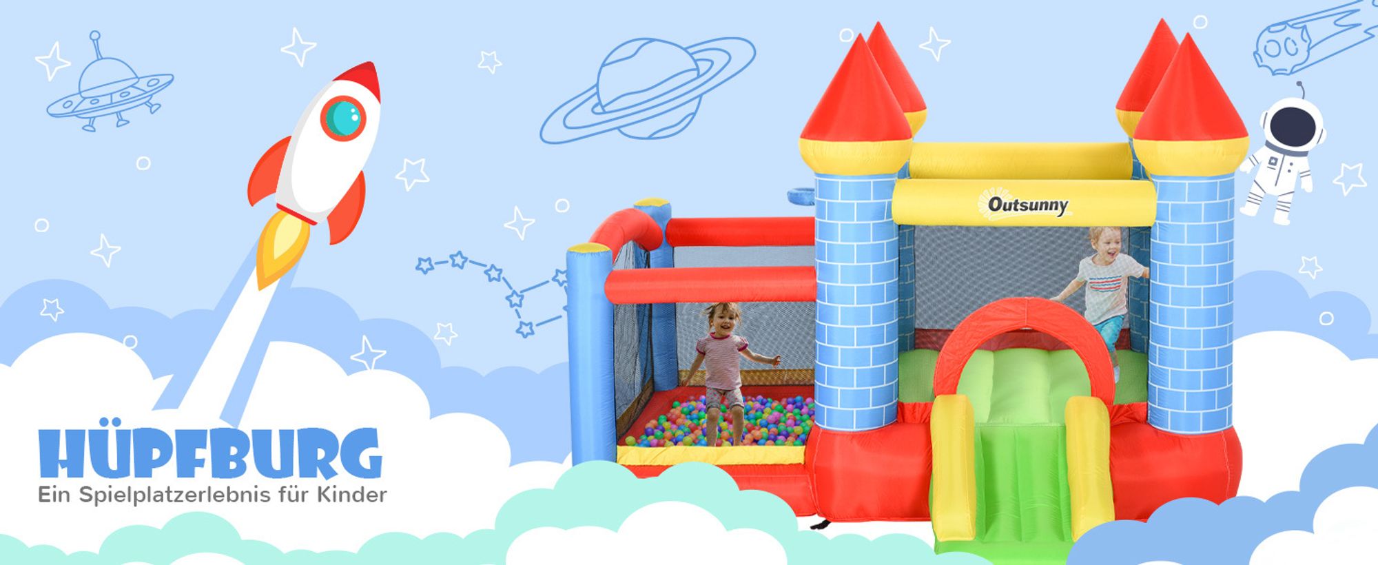 Outsunny Aufblasbare Hüpfburg mit Rutsche Pool für 3 Kinder Burg mit Gebläse