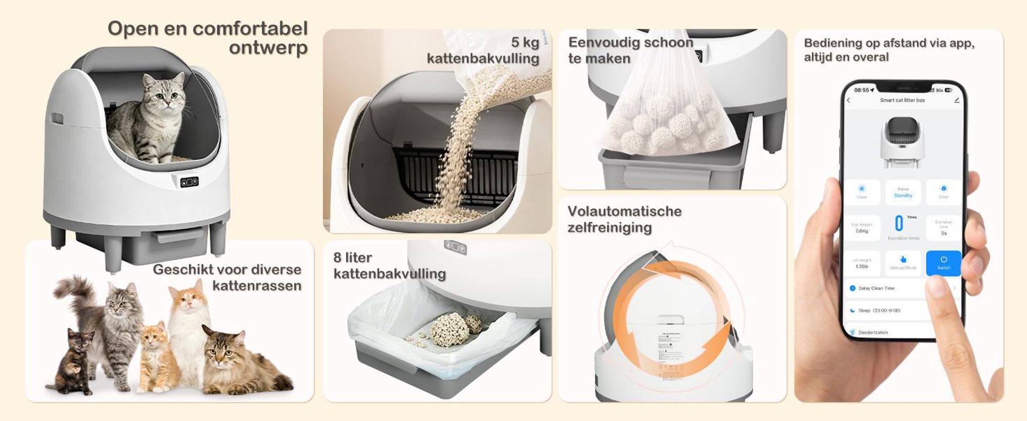 Puluomis zelfreinigende kattenbak 80L XXL, open kattenbak met app-bediening, 12 sensoren, 8L afvalbak, stil, geschikt voor katten tot 15 kg