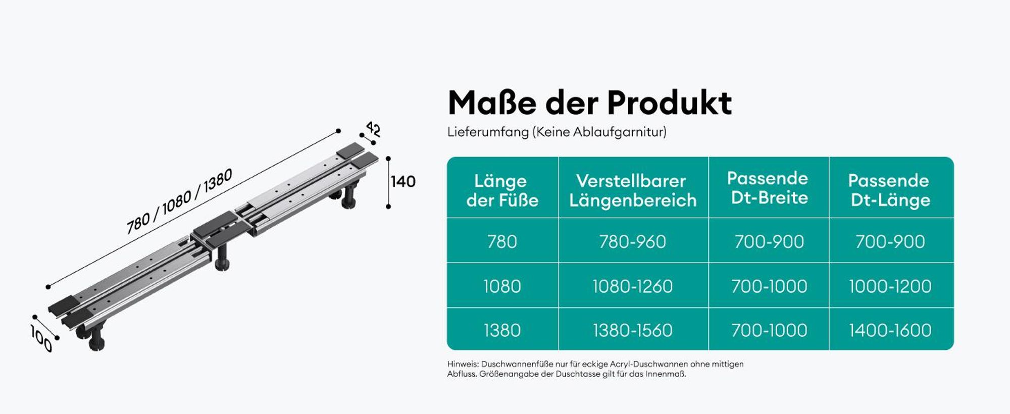 Mai & Mai Duschwannenfüße Duschwannenfuß 78x10x14cm Brausewannenfuß Montagefuß für Duschwannen in X-Form Duschwannengestell mit 5 Stellfüßen verstellbar