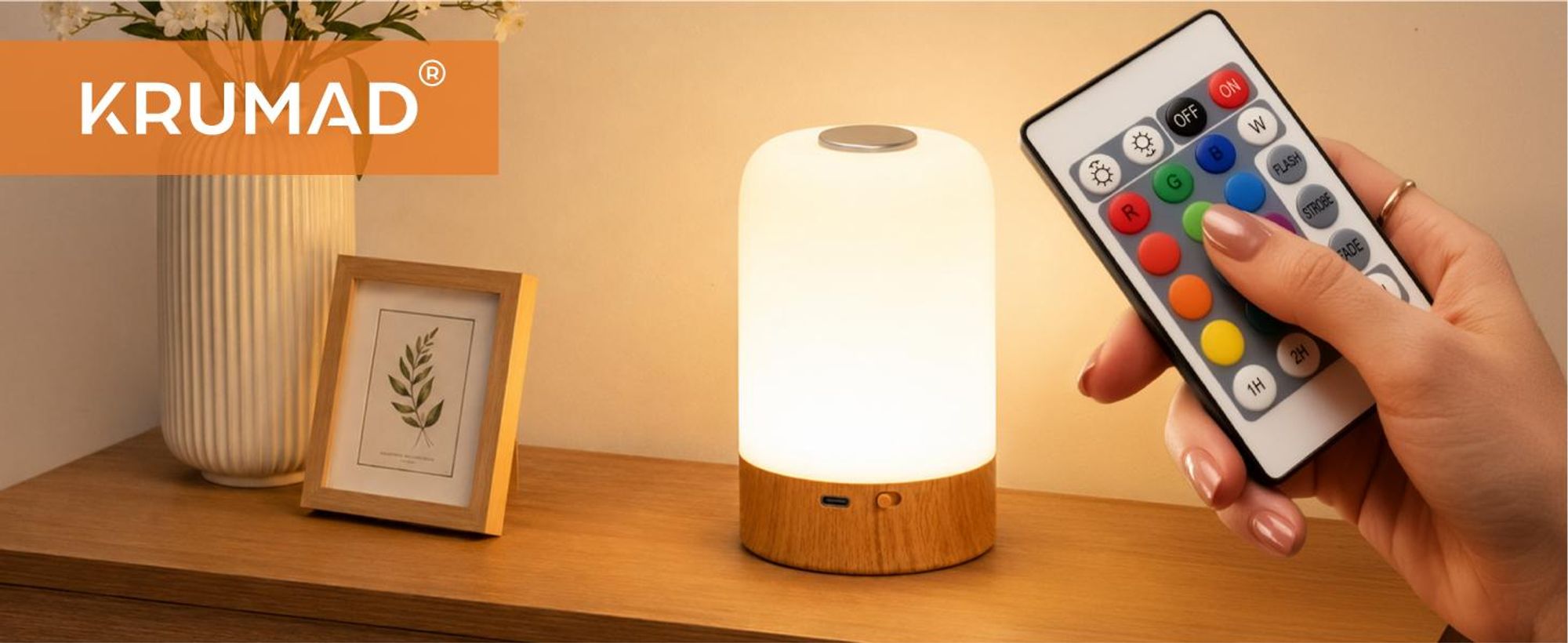 KRUMAD LED Tischlampe mit 13 Farben, Nachtlicht, Touch Steuerung und Fernbedienung, Holzoptik, dimmbare Nachttischlampe USB für Schlafzimmer