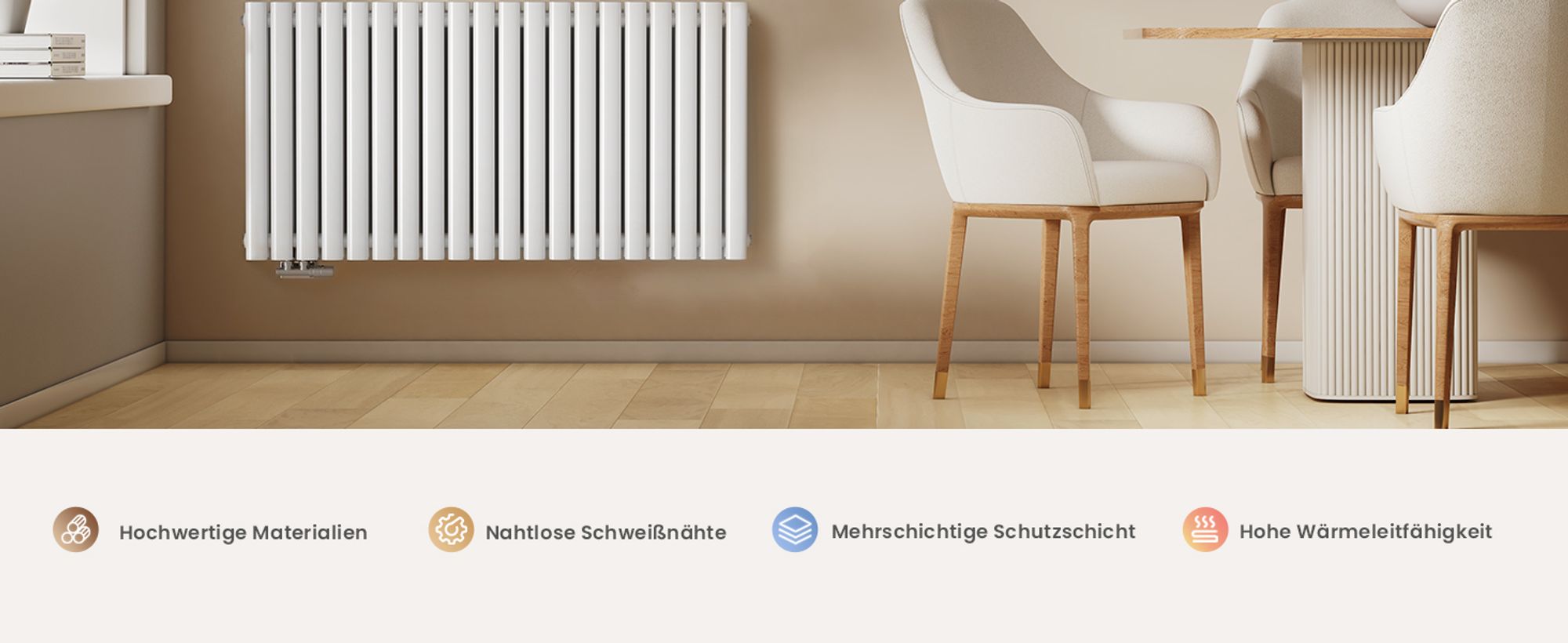 EMKE Design-Heizkörper 600 x 1180 mm Heizkörper Horizontaler Weiß Ovalheizkörper Seitenanschluss Doppellagig Heizung, 1828W ohne Heizstab