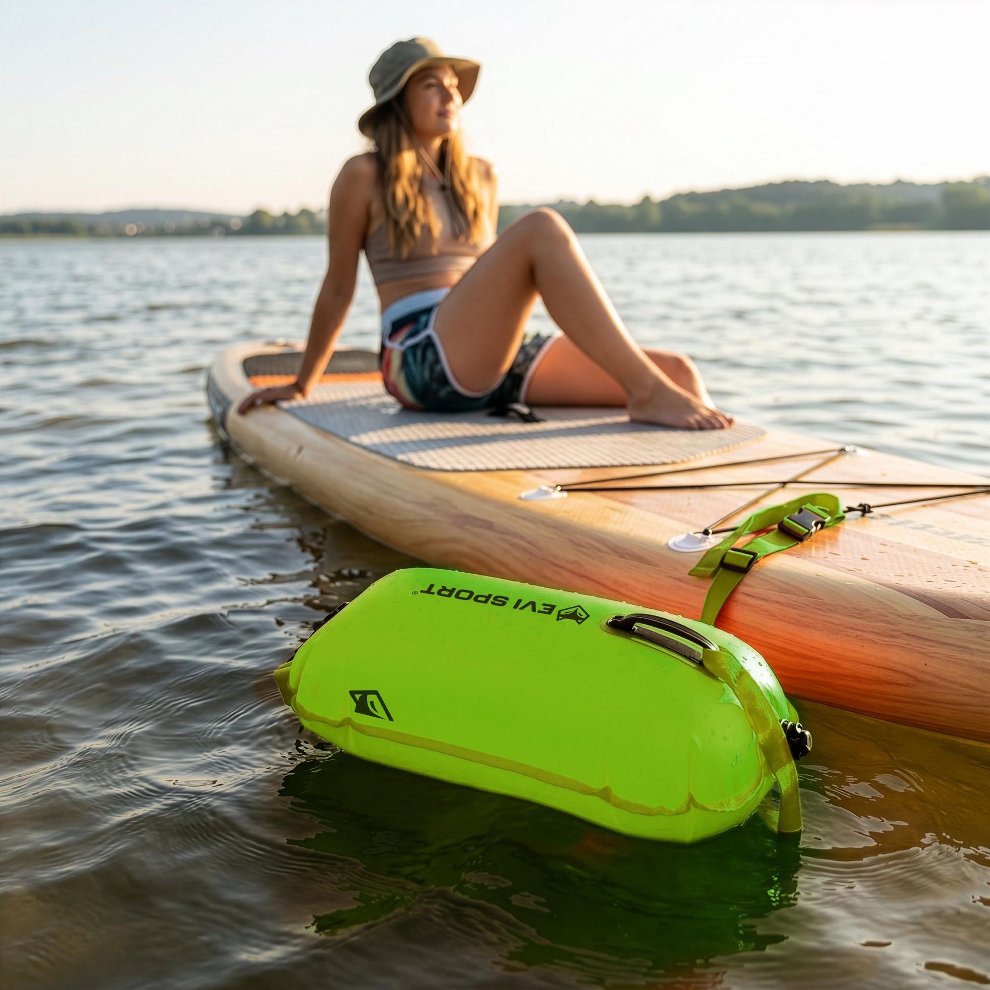 EVI SPORT AquaShield Schwimmboje 20L, Sicherheitsboje mit Trockentasche, Aufblasbar, Verstellbarer Gurt für SUP & Freiwasser, , Neongrün