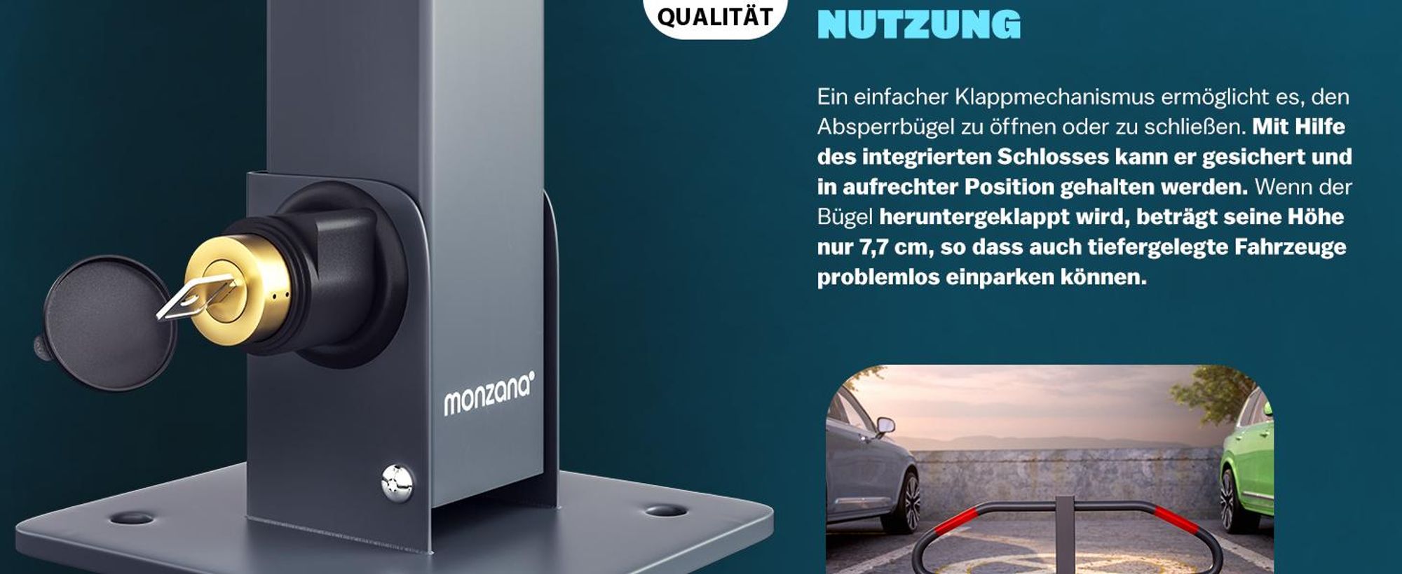 MONZANA® Parkplatzsperre 2 Schlüssel klappbar integriertes Schloss Stahl Robust Parkpfosten Parkplatzbügel Sperrpfosten