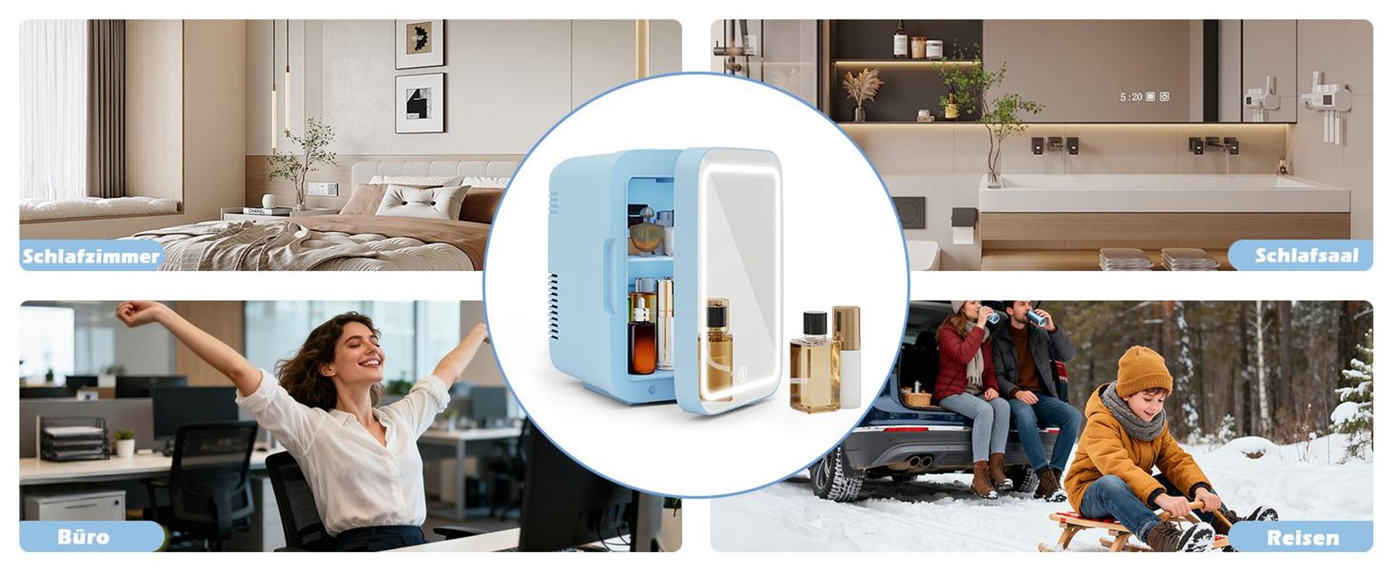 Puluomis Mini Kühlschrank 4L mit LED Spiegel tragbar für Kosmetik, Kühlbox Warmbox blau