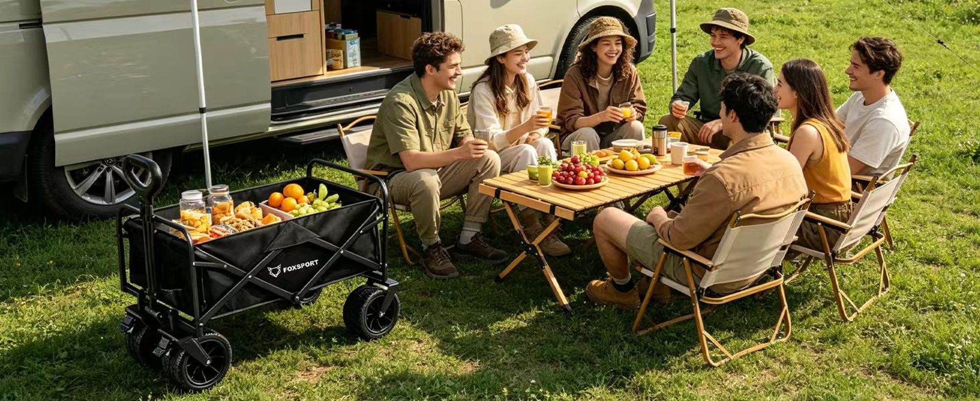 FOXSPORT Bollerwagen Faltbar, Handwagen bis 100kg belastbar, mit verstellbarer Griff, Gartenwagen für Strand, Garten, Einkäufe, 94 x 58 x 59CM,Schwarz