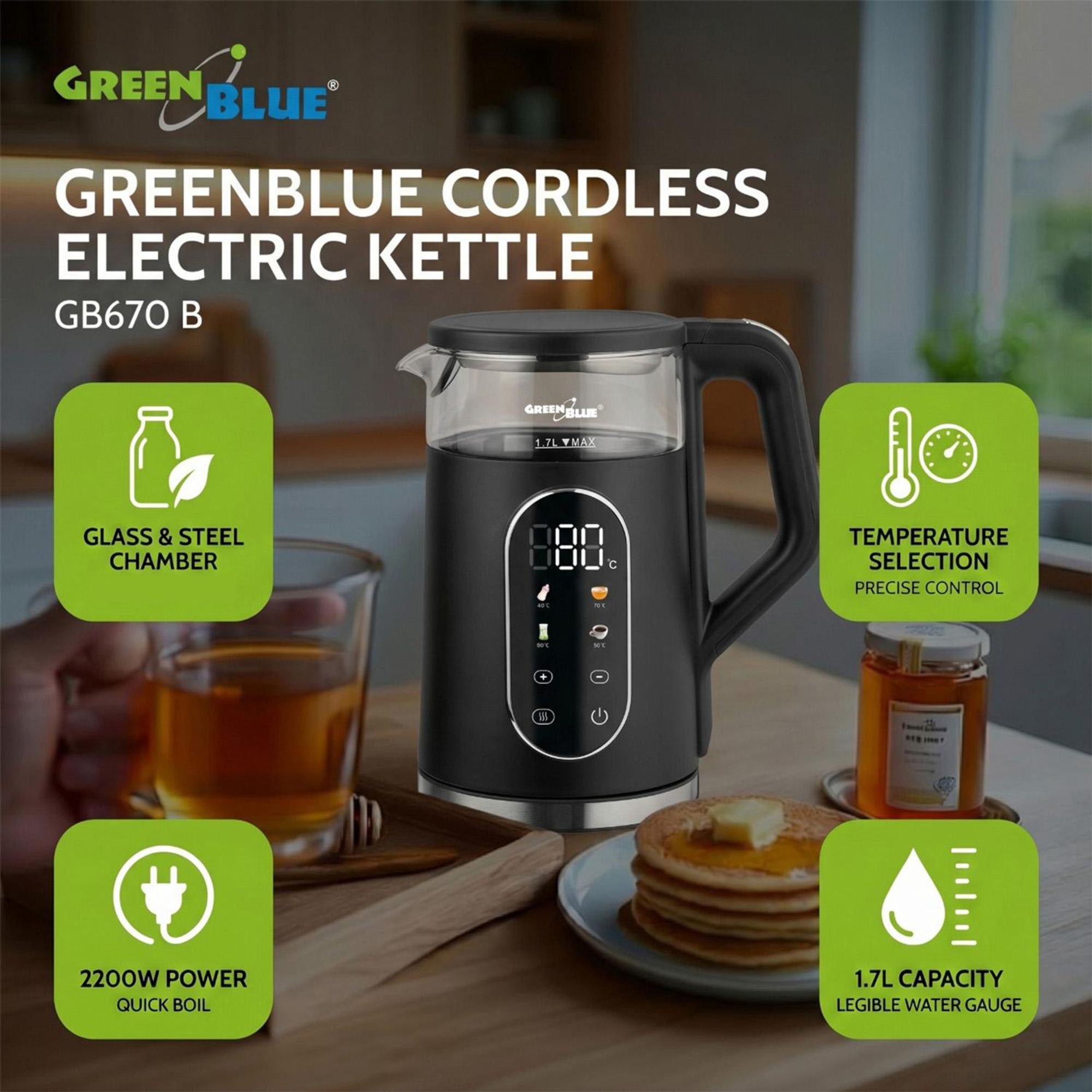 GreenBlue kabelloser Wasserkocher 1,7 l Fassungsvermögen Glasbehälter gut ablesbares Display Temperaturwahl 2200 W GB670 B