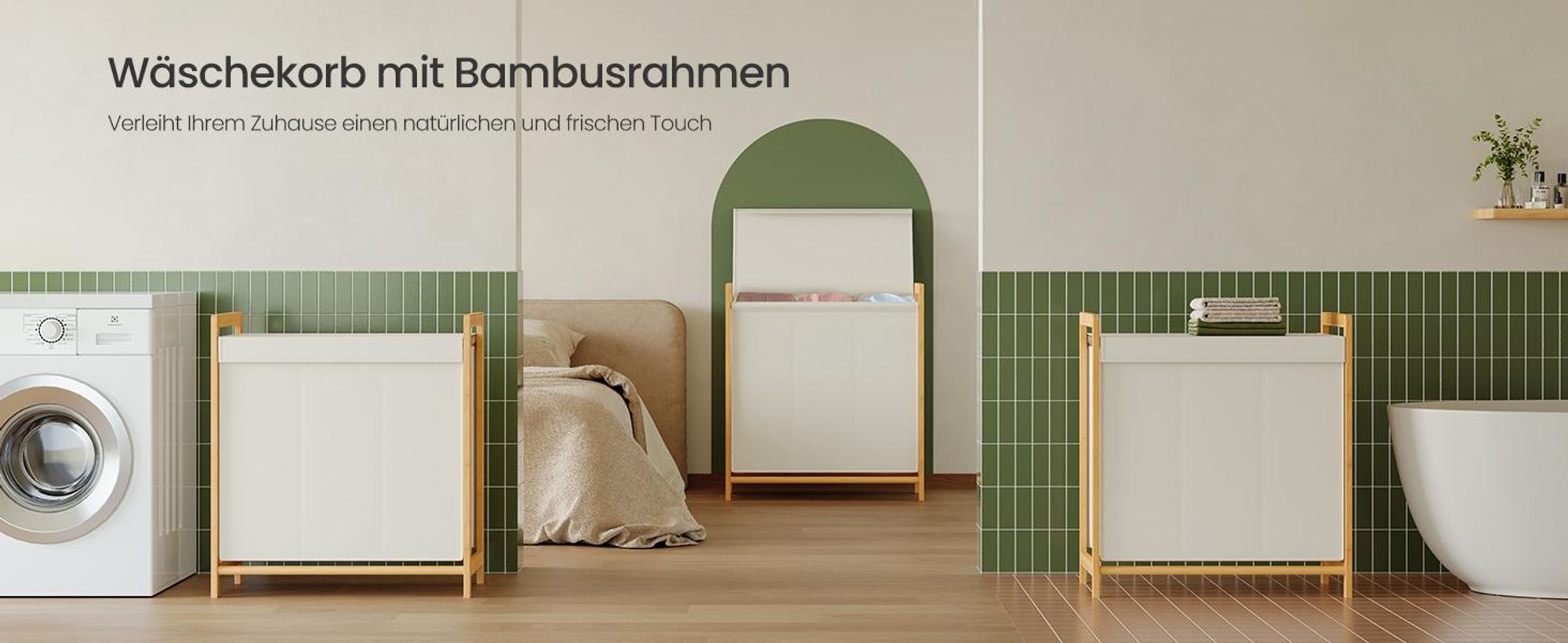 SONGMICS Wäschesammler mit Deckel, 3 Fächer Wäschekorb mit Bambusrahmen, Wäschesack abnehmbar, 150 L